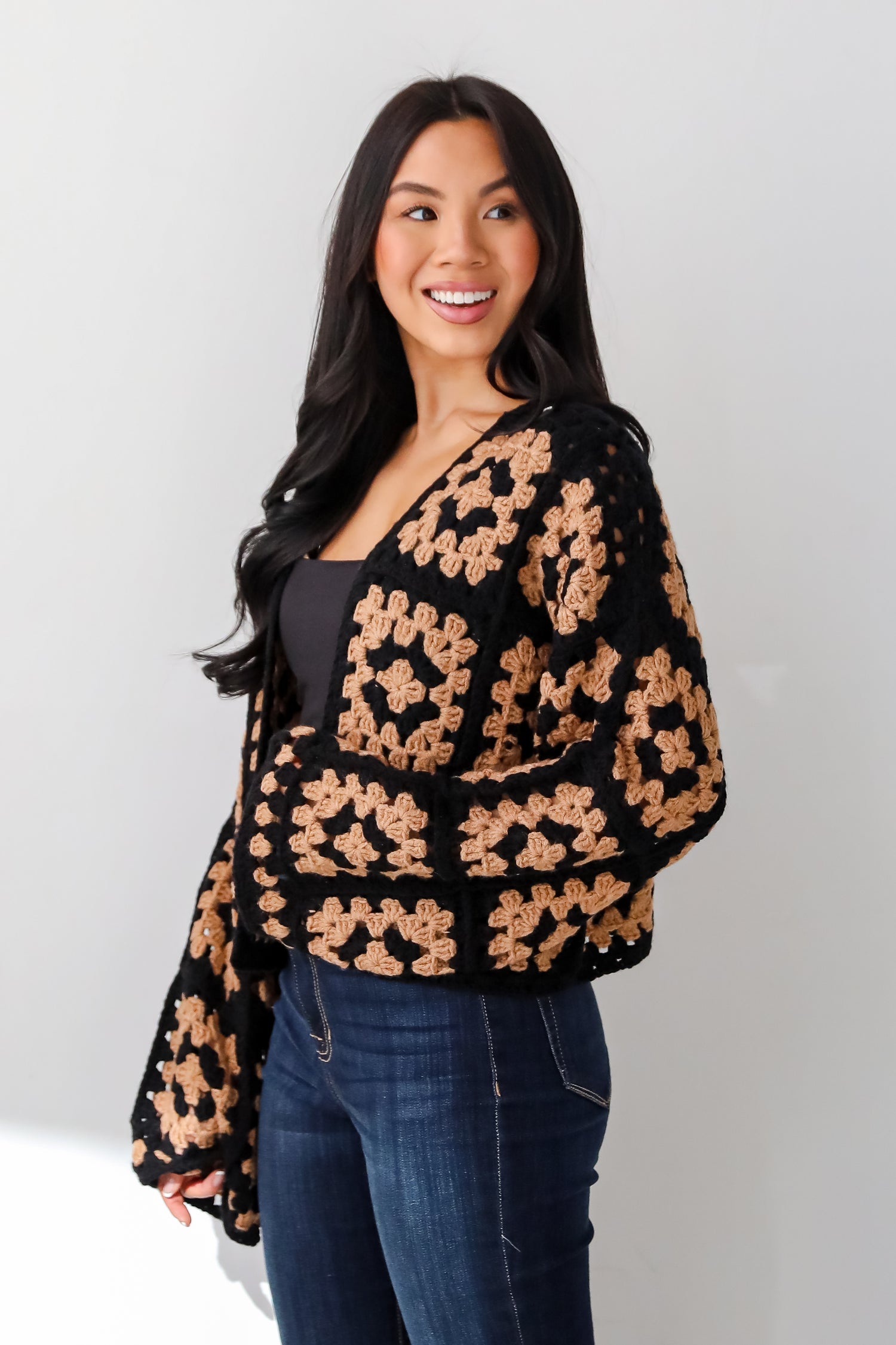 Timeless Warmth Black Crochet Knit Cardigan