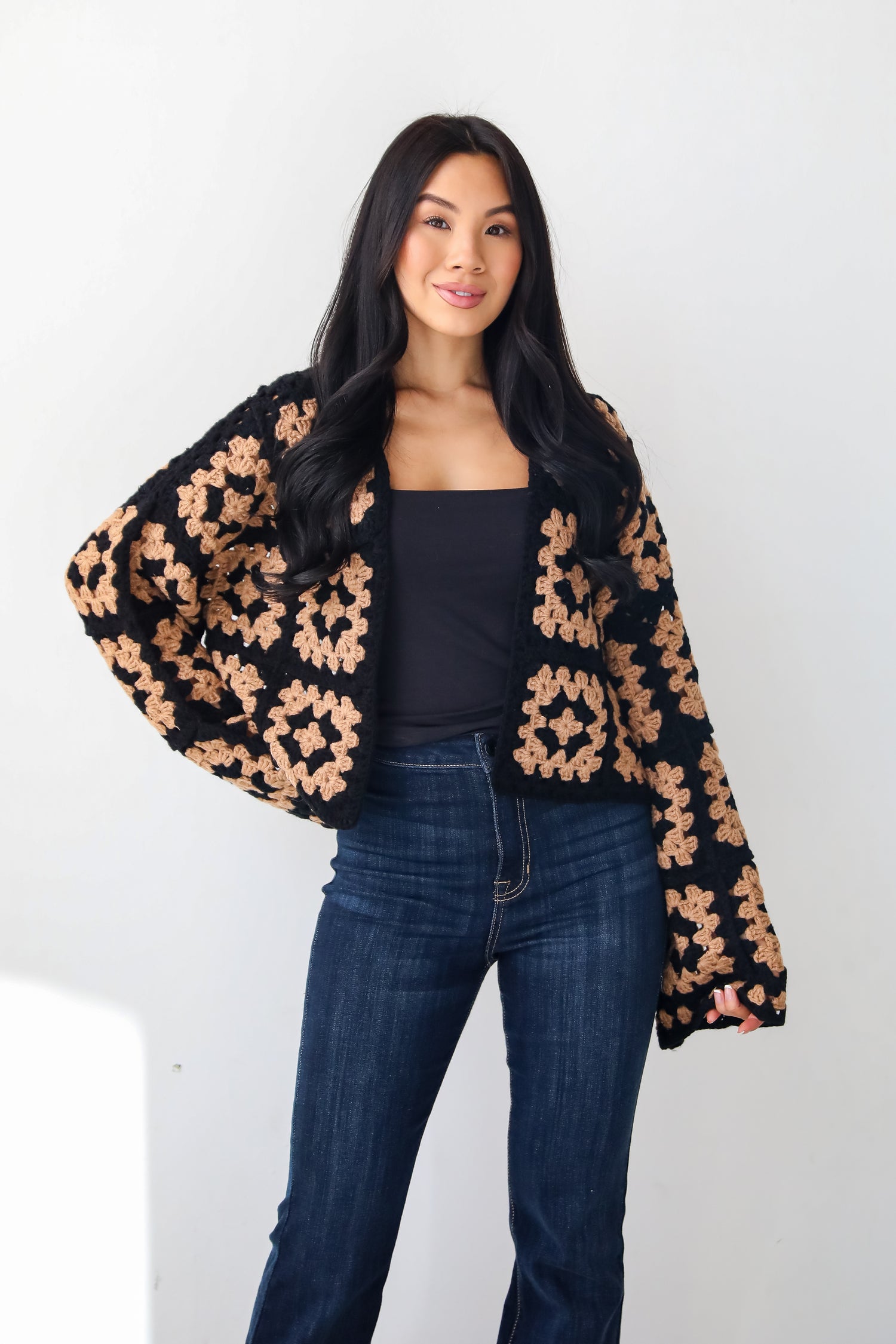 Timeless Warmth Black Crochet Knit Cardigan