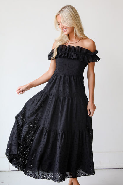 Lush Loveliness Black Eyelet Tiered Midi Dress