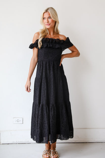 Lush Loveliness Black Eyelet Tiered Midi Dress