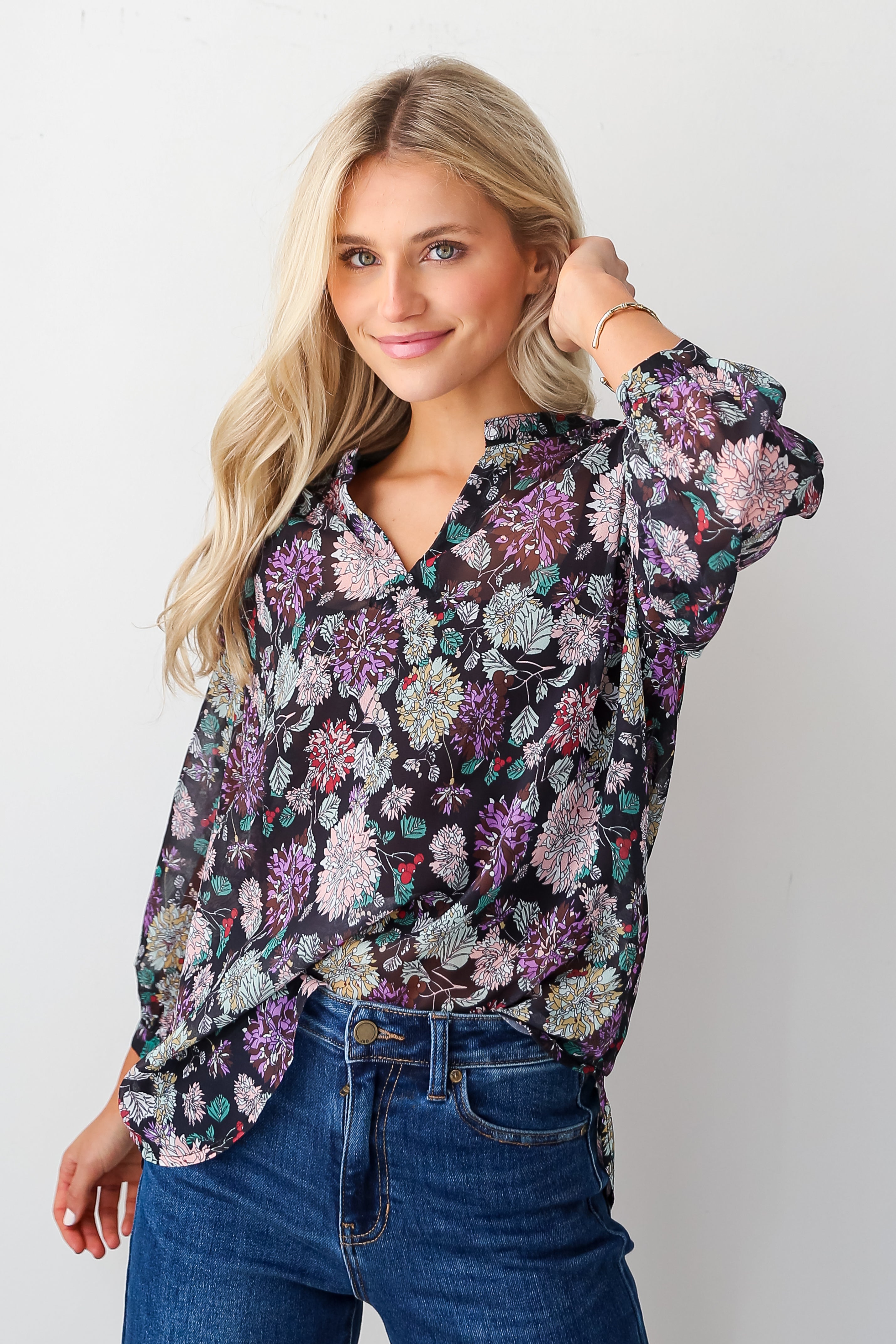 Black Floral Blouse on model