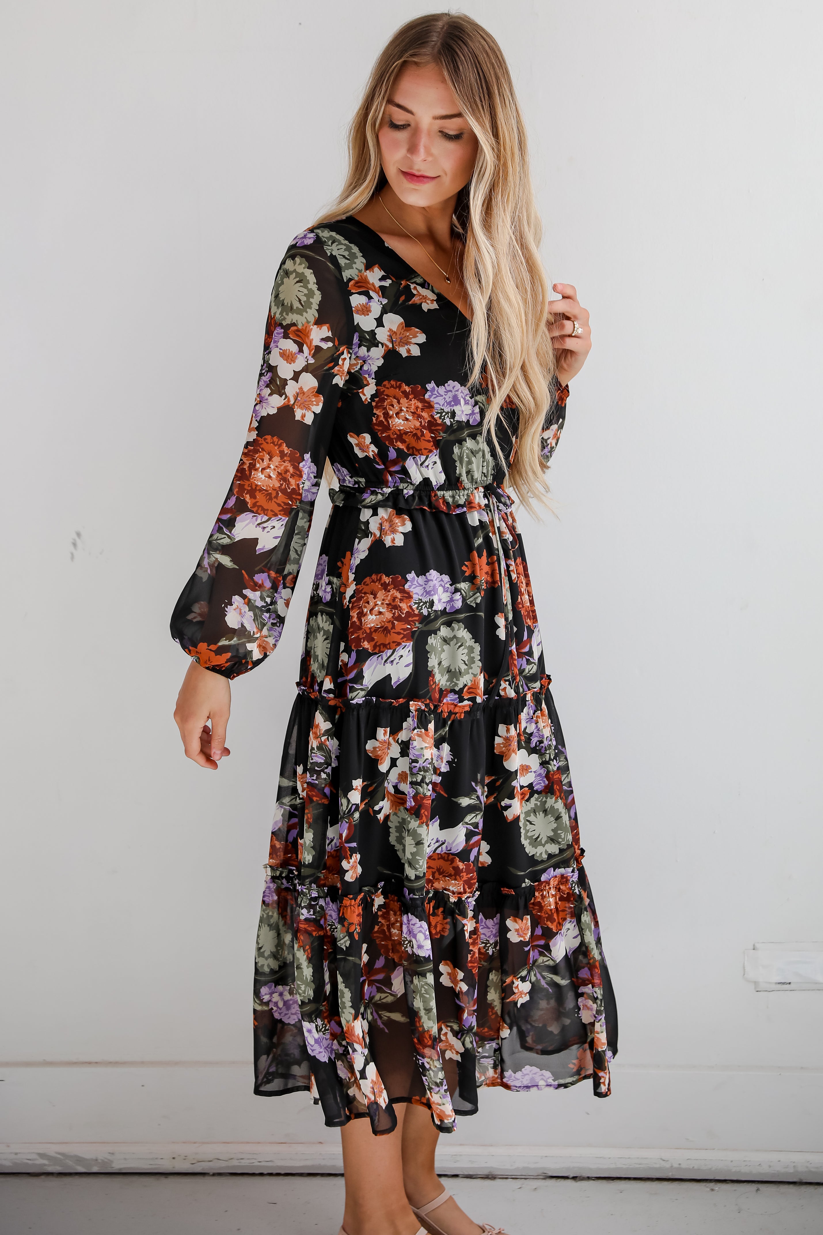 Prepared To Impress Black Floral Midi Dress