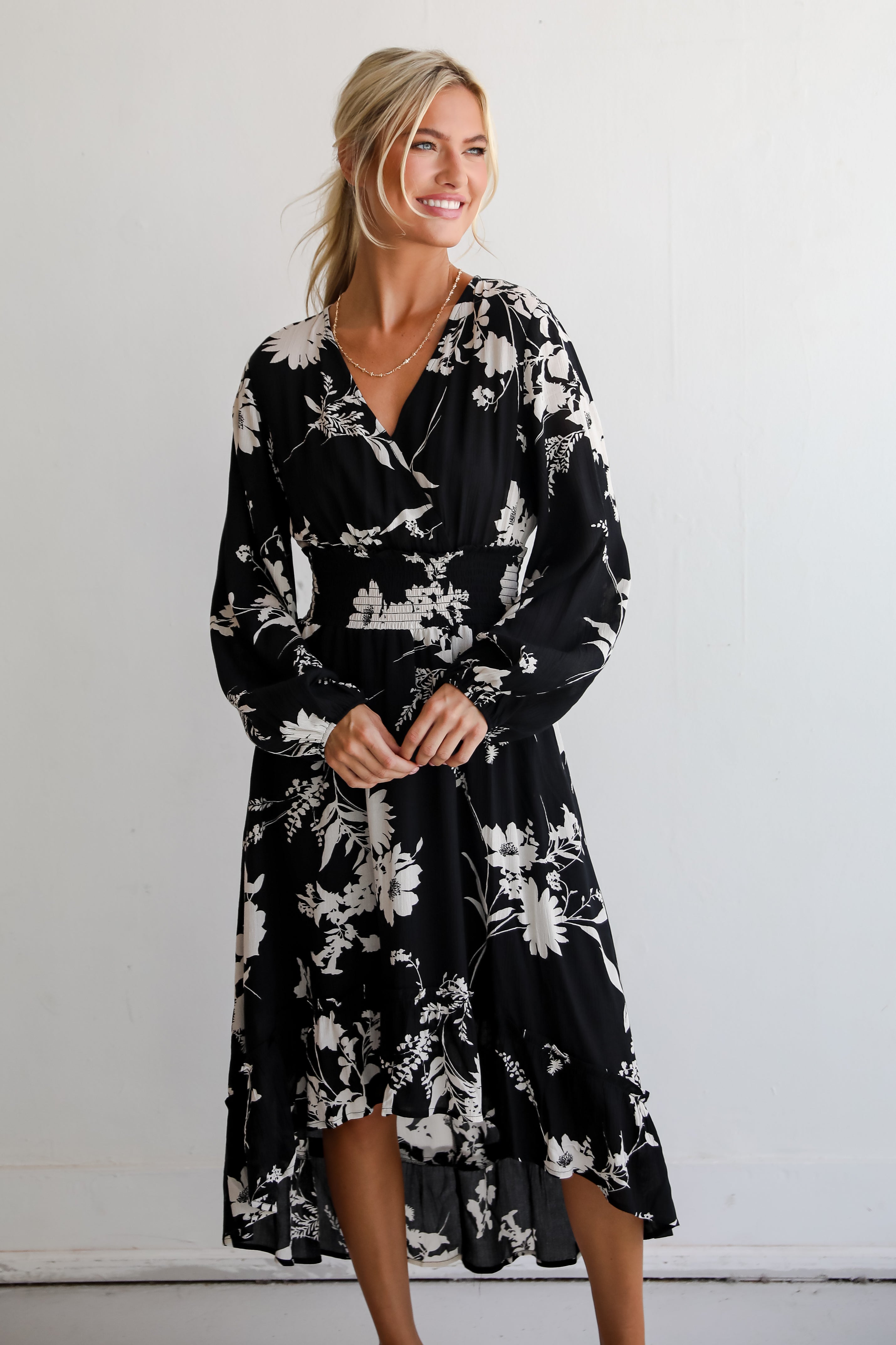 Precious Whimsy Black Floral Midi Dress