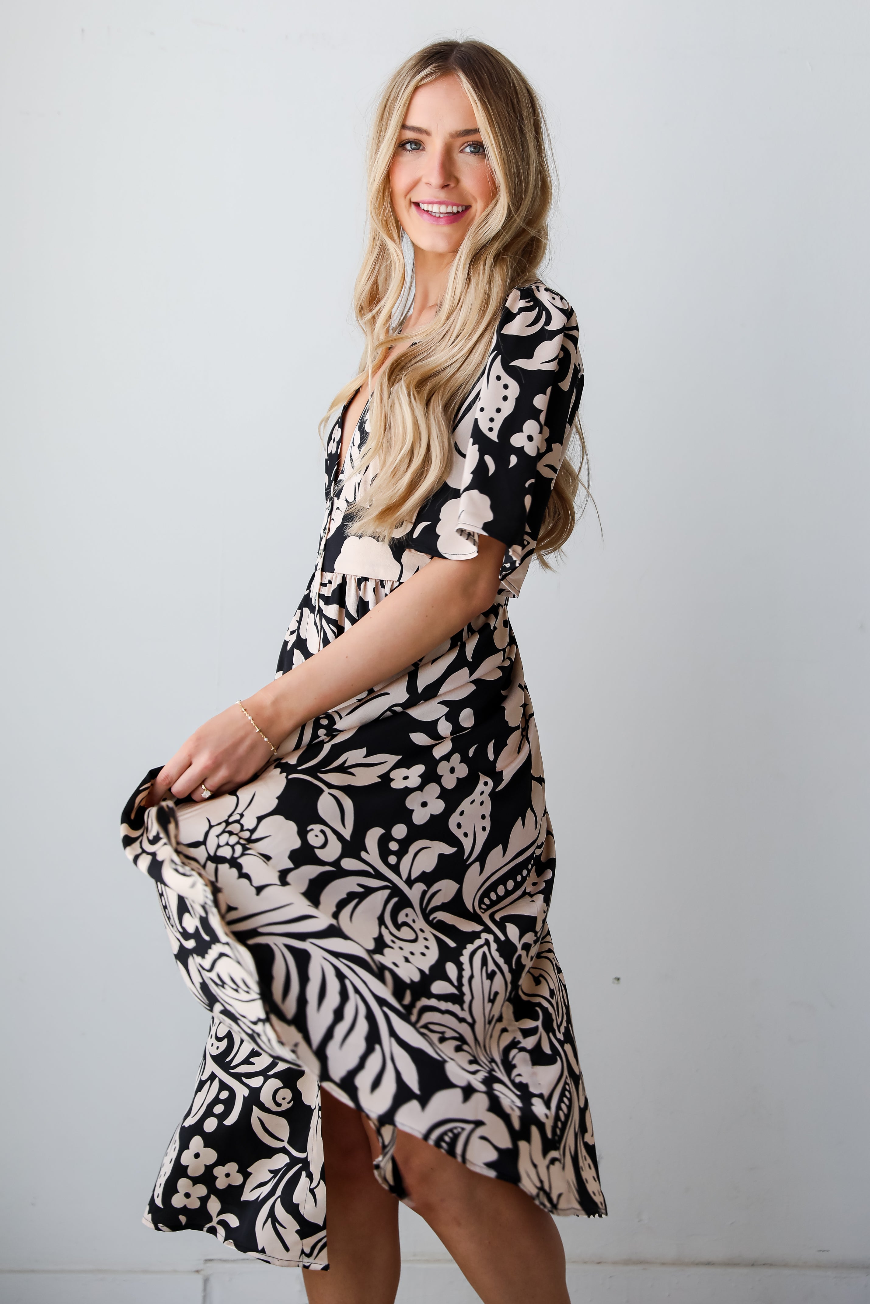 cute Black Floral Midi Dress