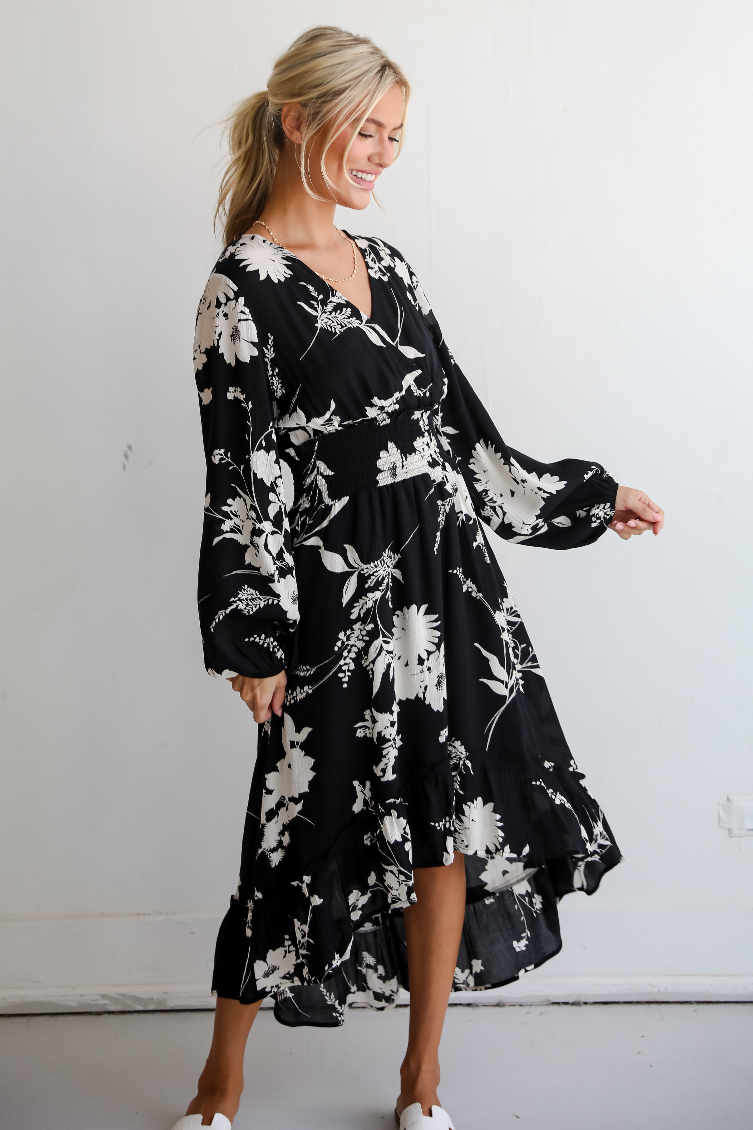 Precious Whimsy Black Floral Midi Dress