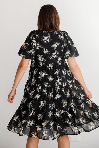 Perfectly Cherished Black Floral Tiered Midi Dress