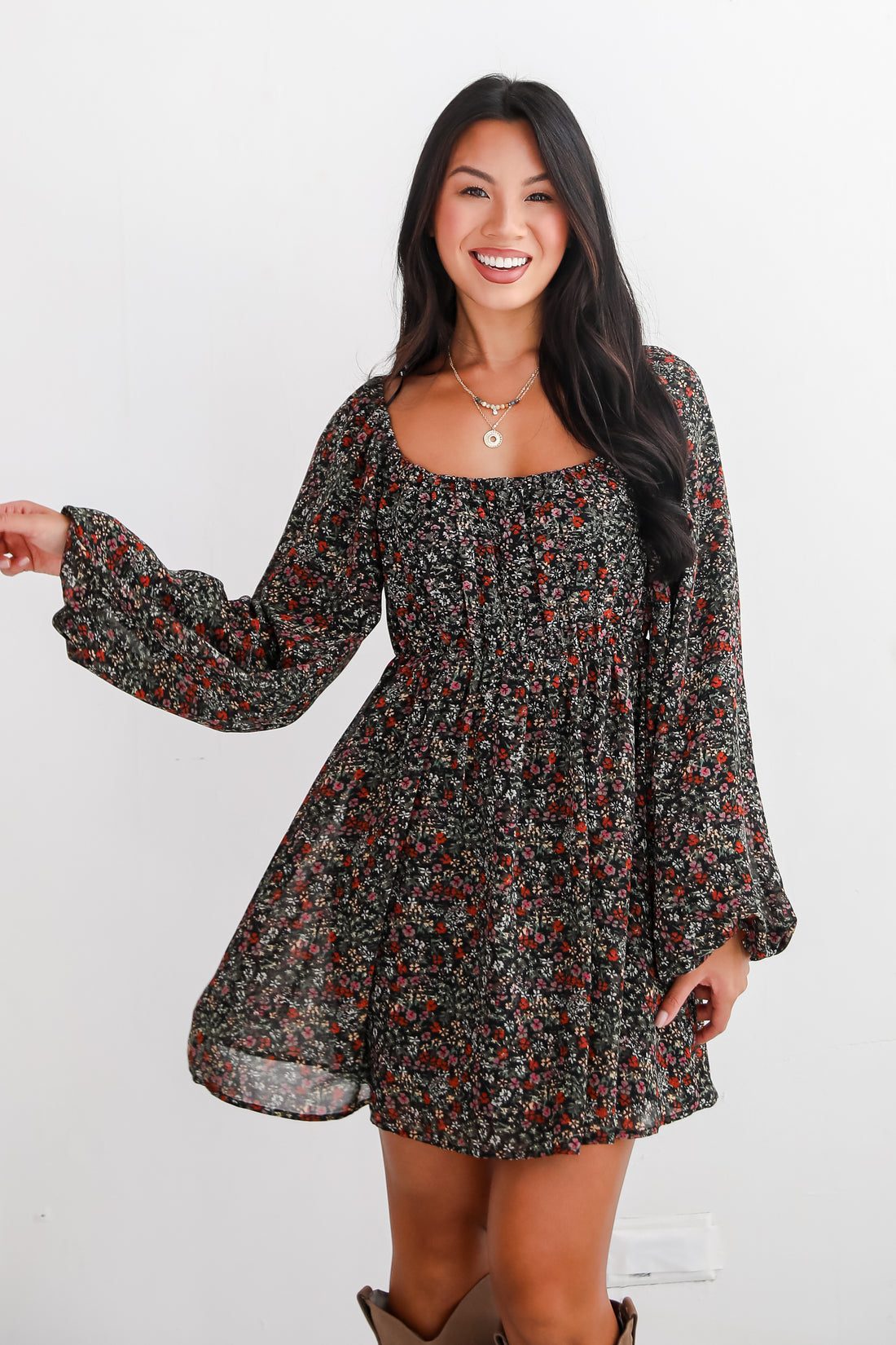 Delight In Elegance Black Floral Mini Dress