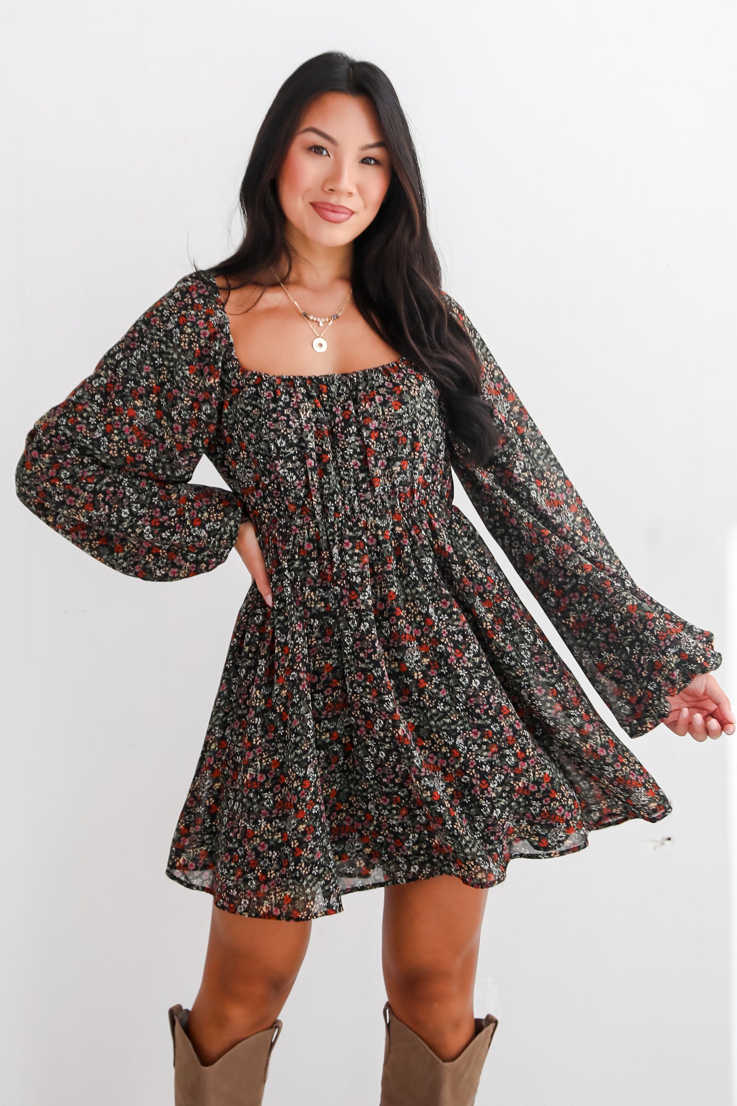 Delight In Elegance Black Floral Mini Dress