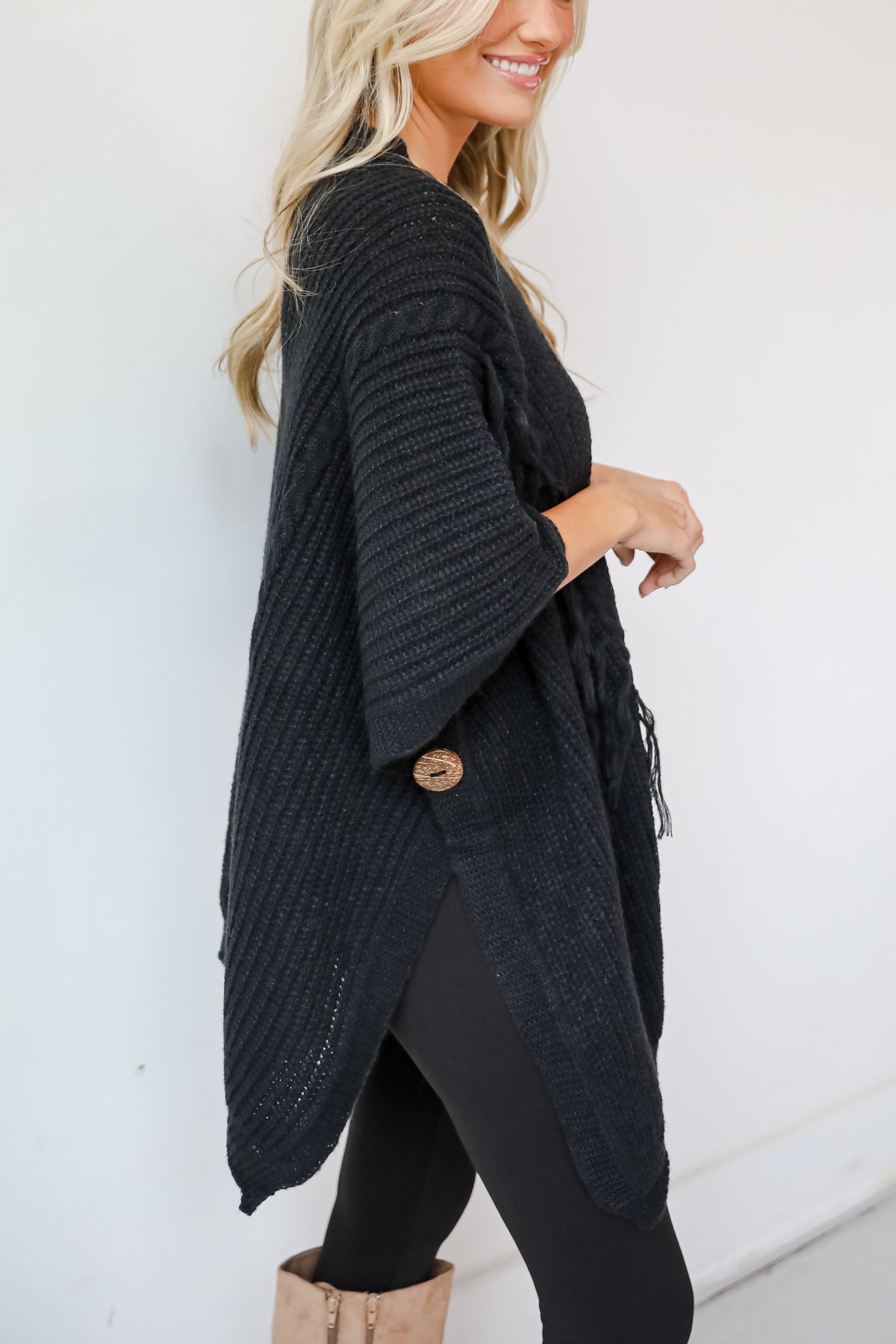 Chic Warmth Black Knit Poncho