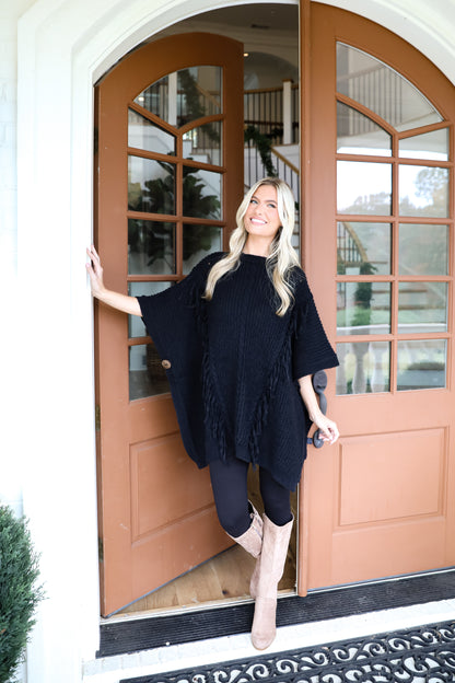 Chic Warmth Black Knit Poncho