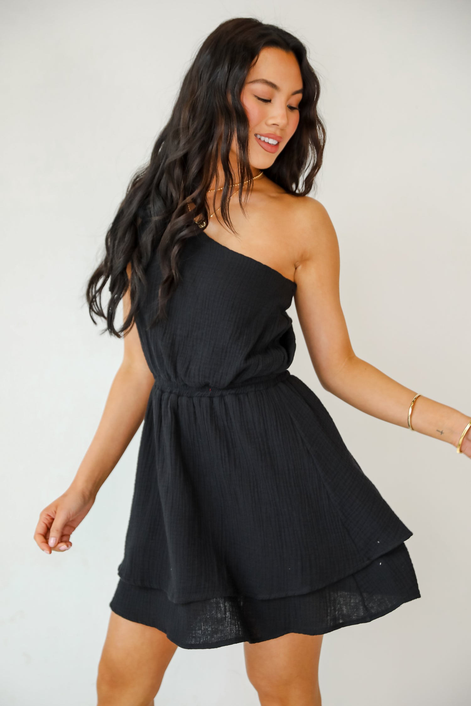 Charming Potential Black Linen One-Shoulder Mini Dress