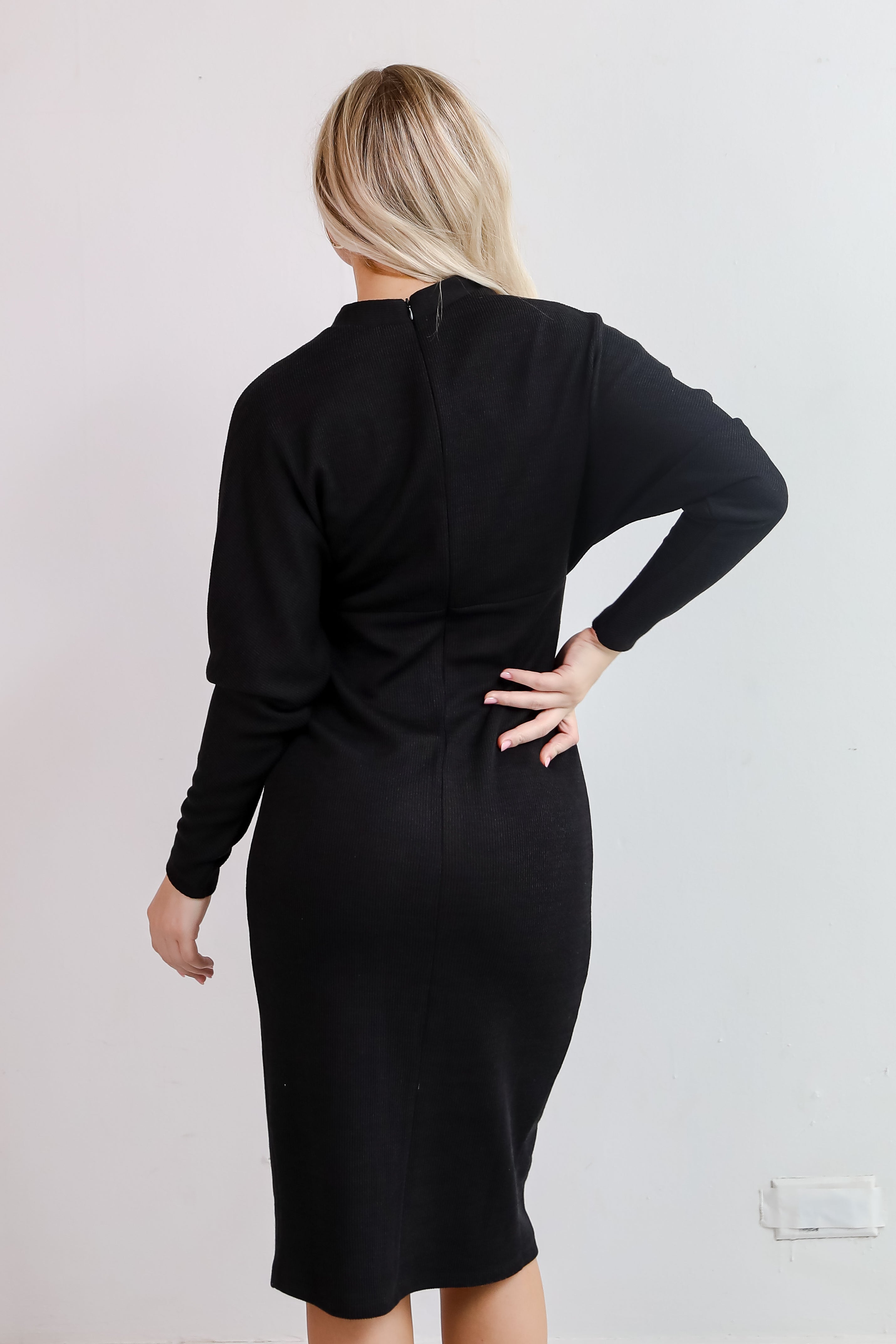 Exemplary Allure Black Ribbed Knit Midi Dress