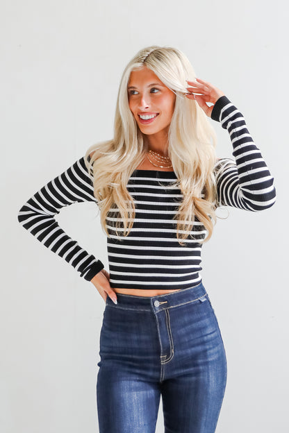 Desirable Aesthetic Black Striped Off-The-Shoulder Ribbed Top