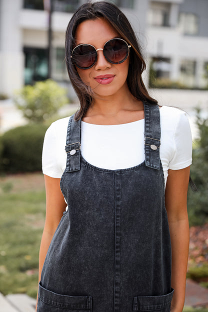 Autumn Days Black Denim Overall Mini Dress