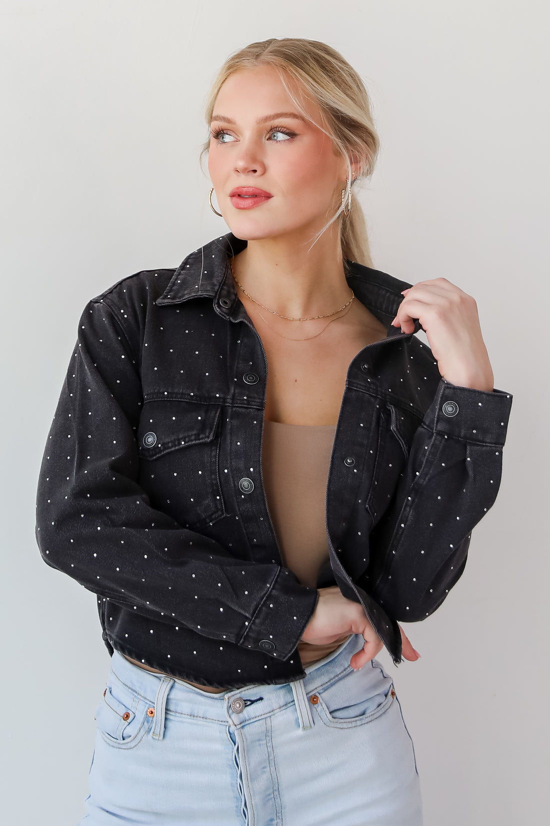 Dazzling Stunner Black Rhinestone Cropped Denim Jacket