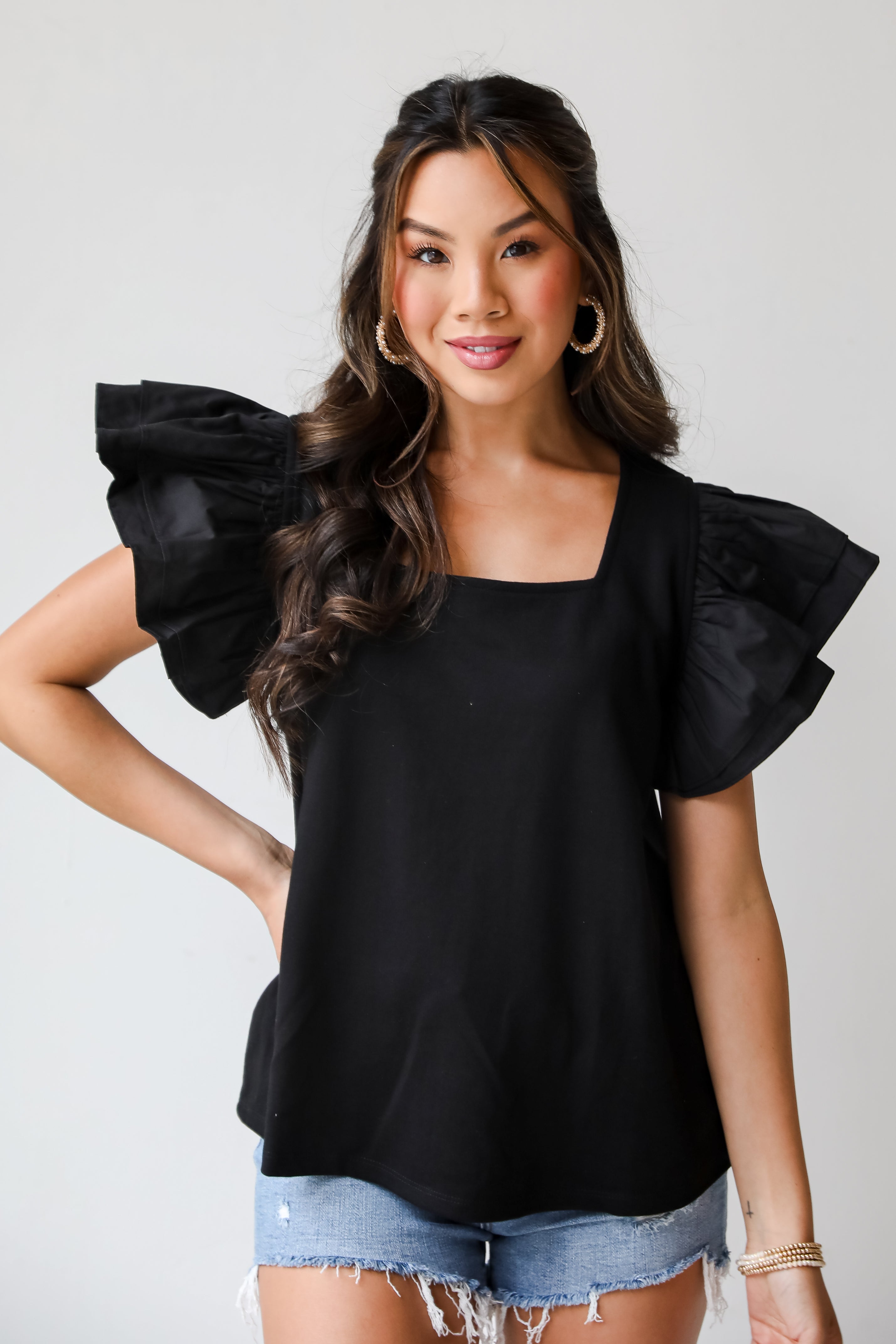 Popular Icon Black Ruffle Sleeve Blouse