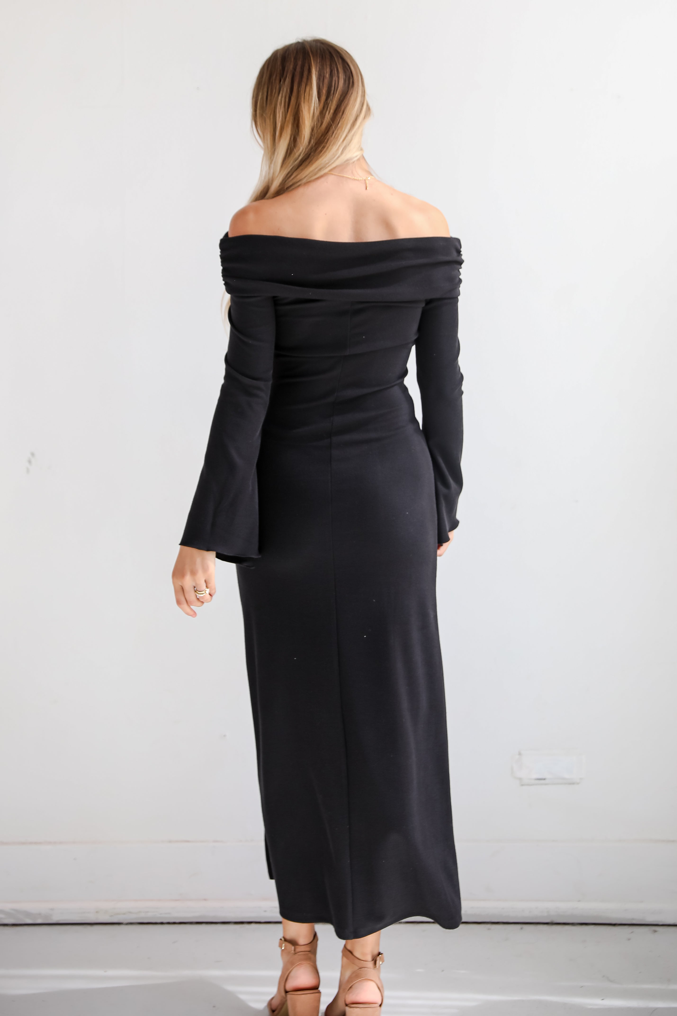 Decadent Evening Black Knit Off-The-Shoulder Maxi Dress