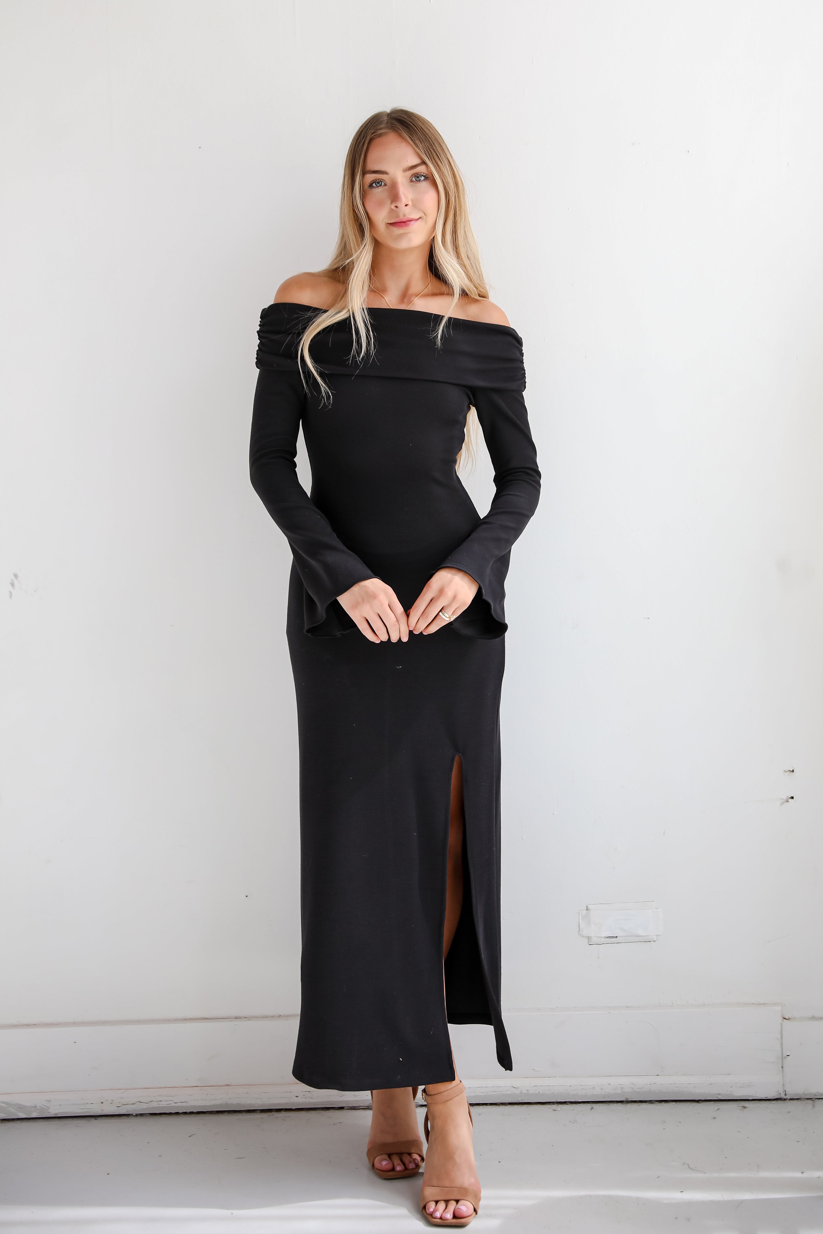 Decadent Evening Black Knit Off-The-Shoulder Maxi Dress