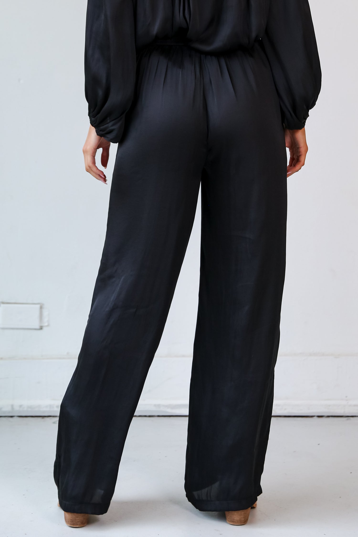 Black Satin Wide Leg Pants back view