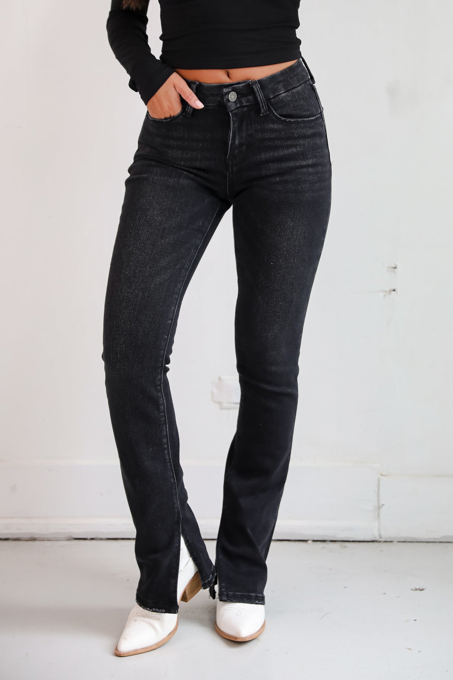 Miranda Black Mid-Rise Slit Hem Bootcut Jeans