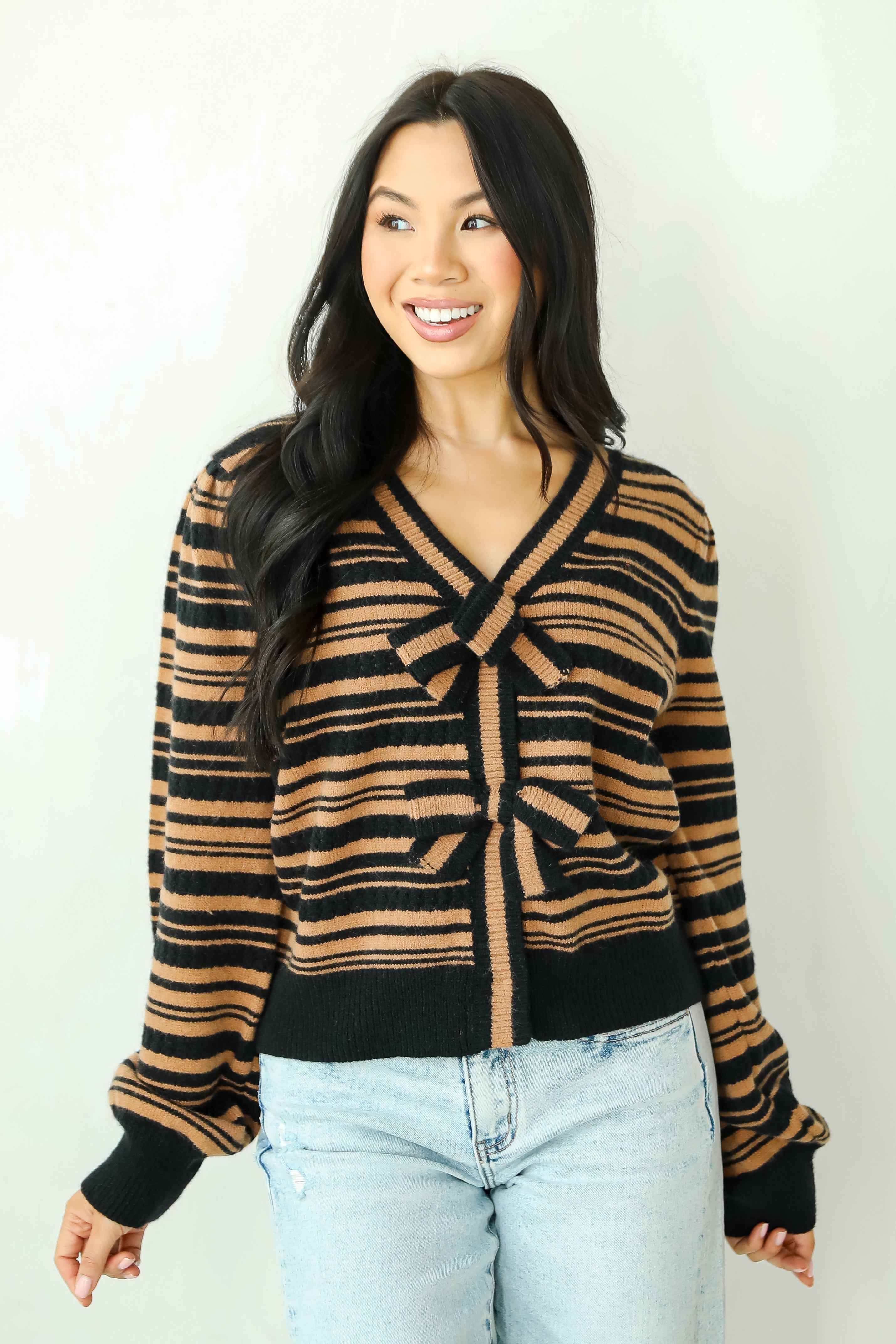 Simply Immaculate Black Striped Bow Sweater Cardigan