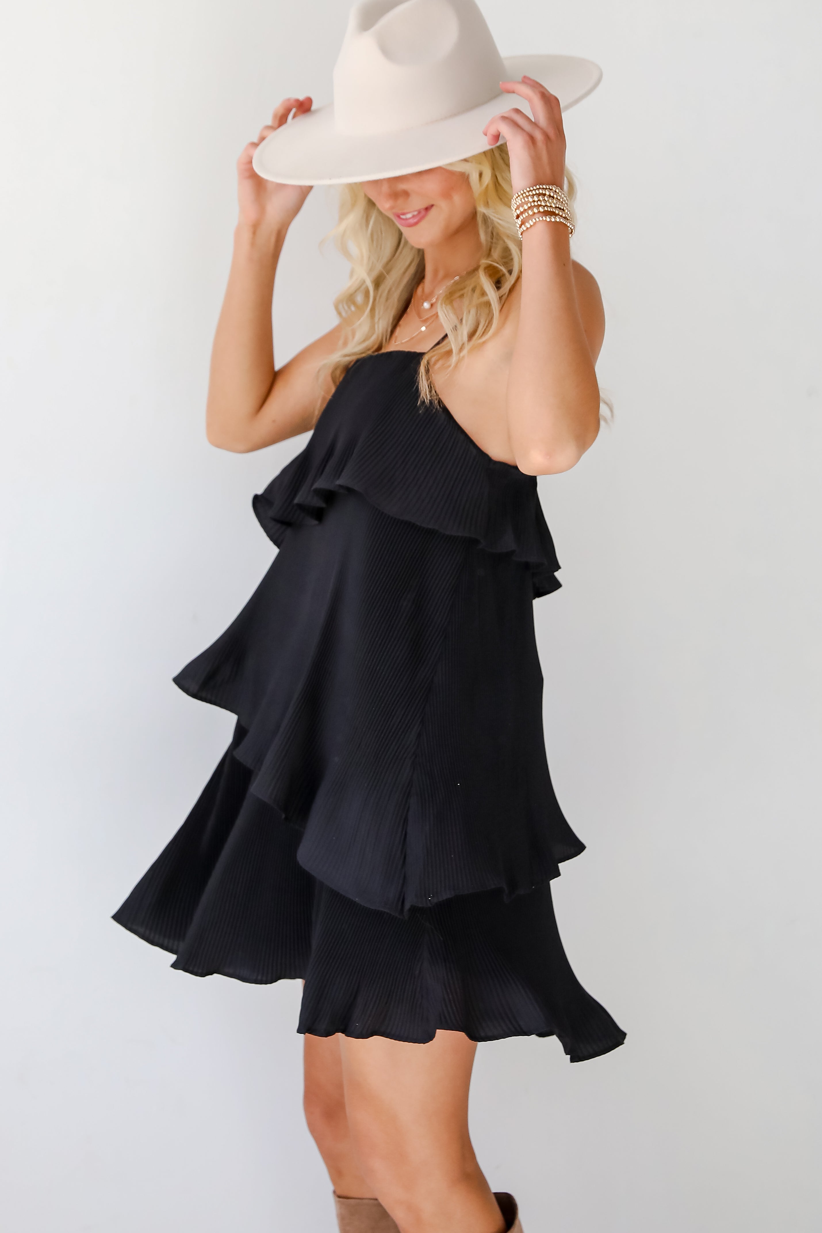 Aesthetically Chic Black Plisse Tiered Mini Dress