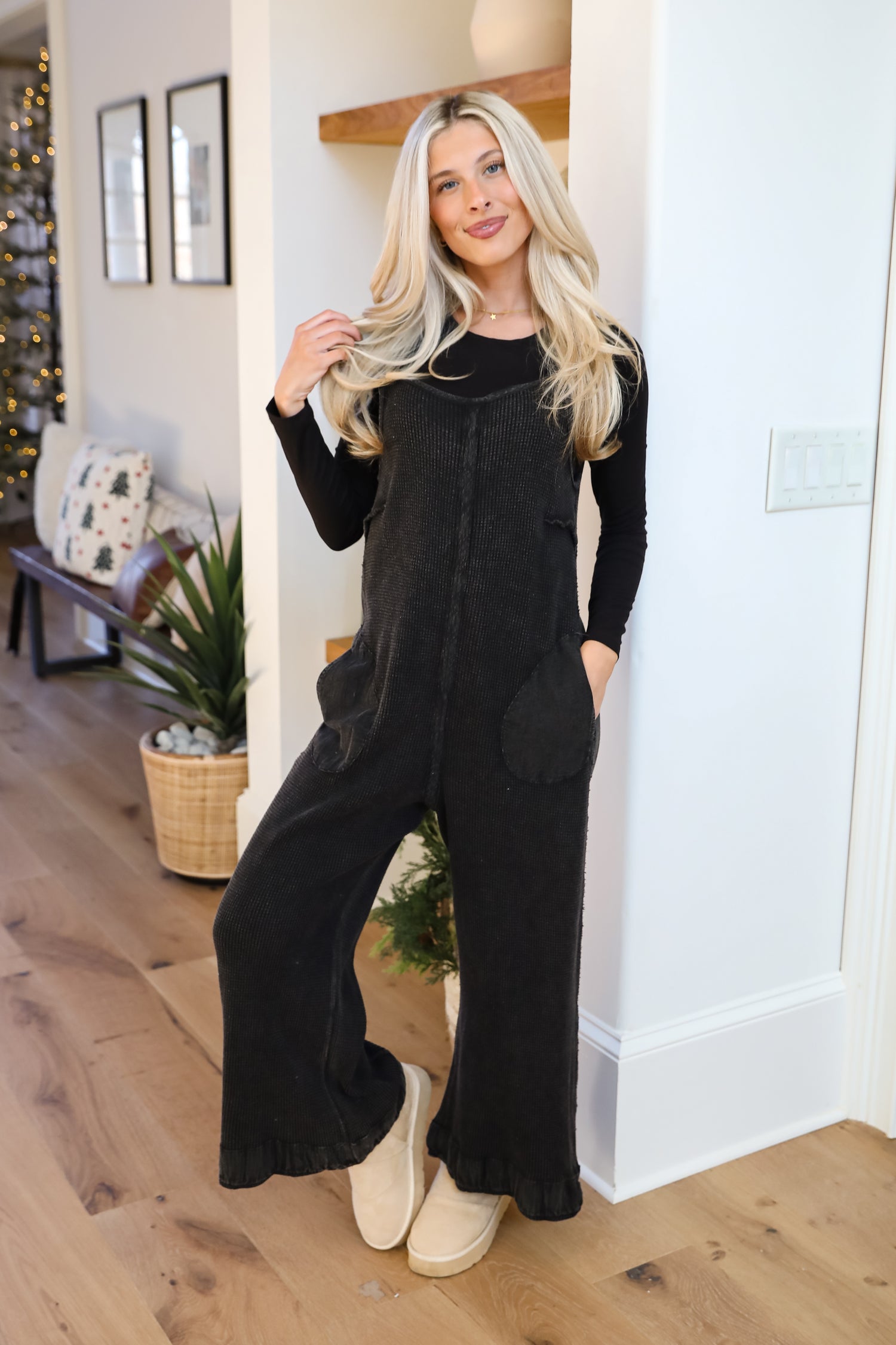 Impressively Popular Black Waffle Knit Jumpsuit