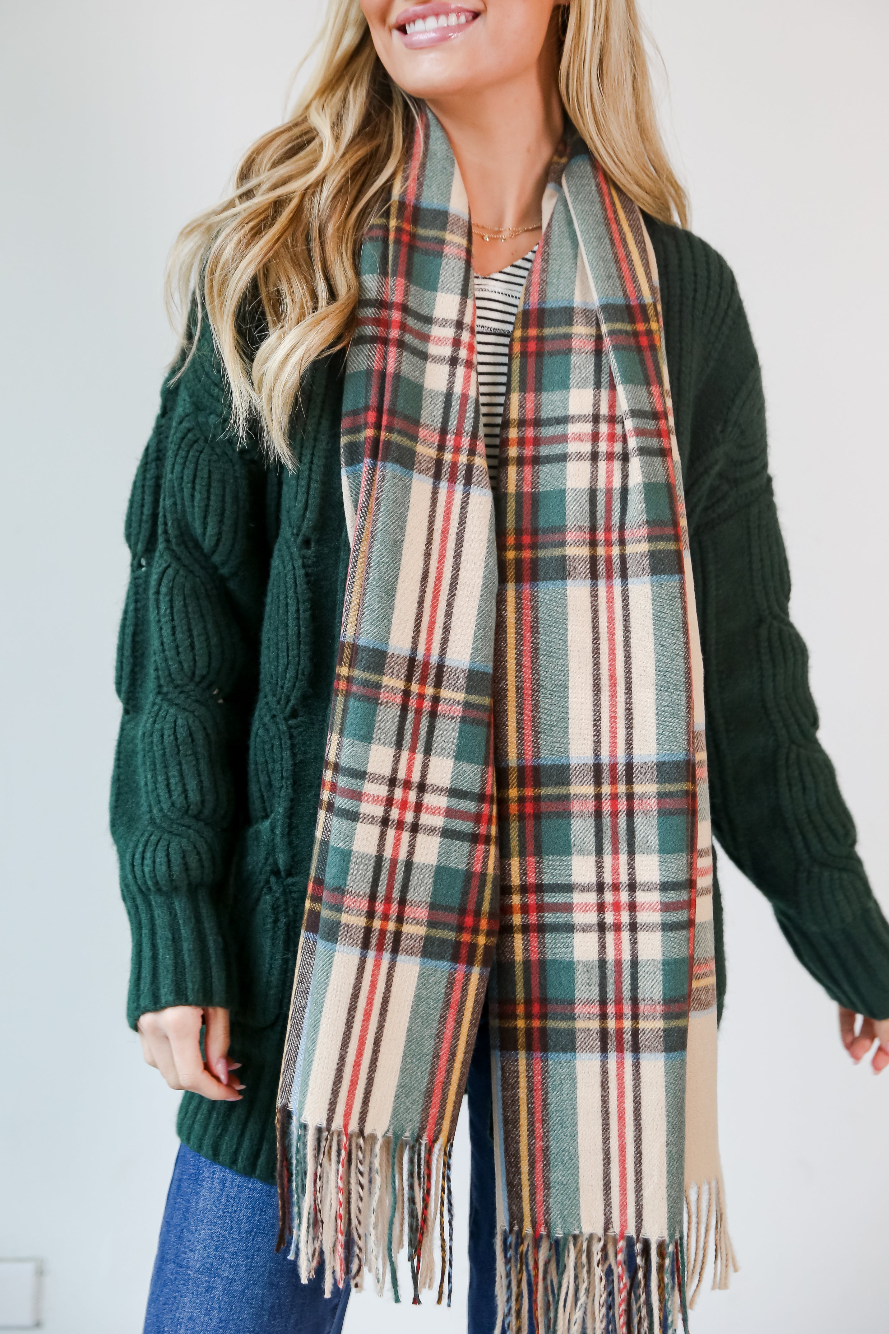 Cozy Plaid Fringe Scarf on model