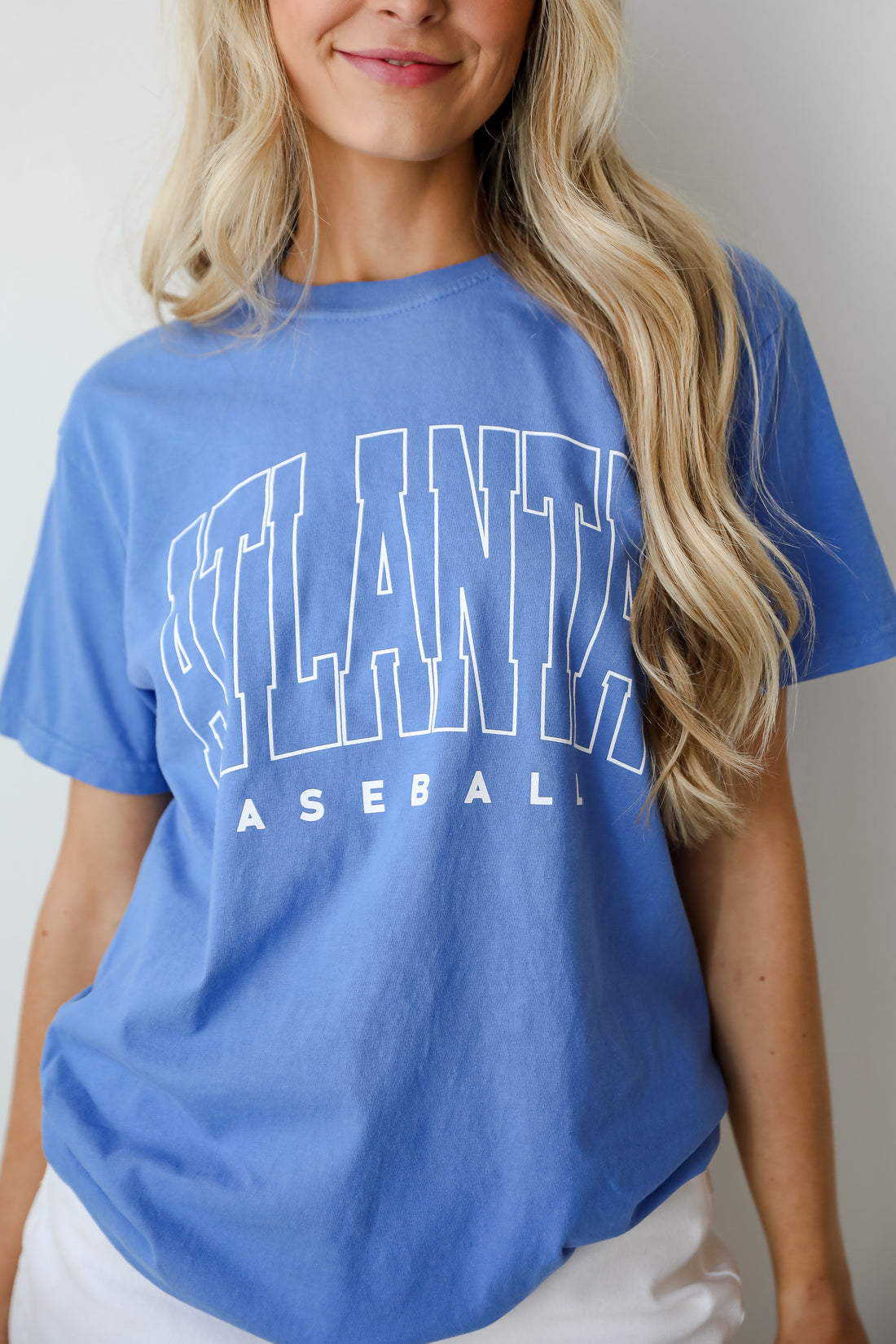 womens Blue Atlanta Baseball Block Letter Tee