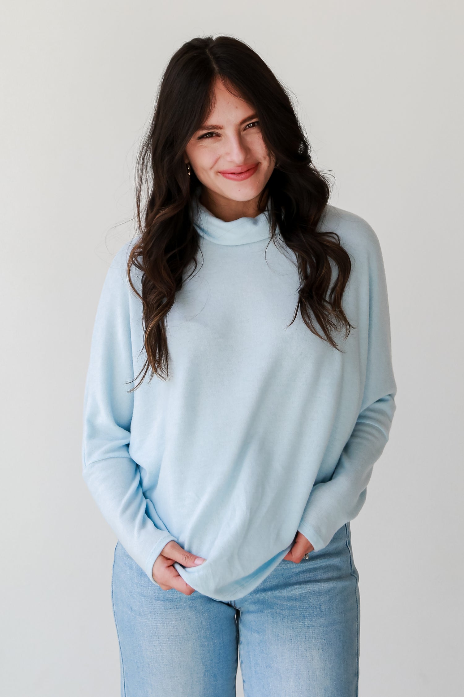 trendy Light Blue Turtleneck Brushed Knit Top