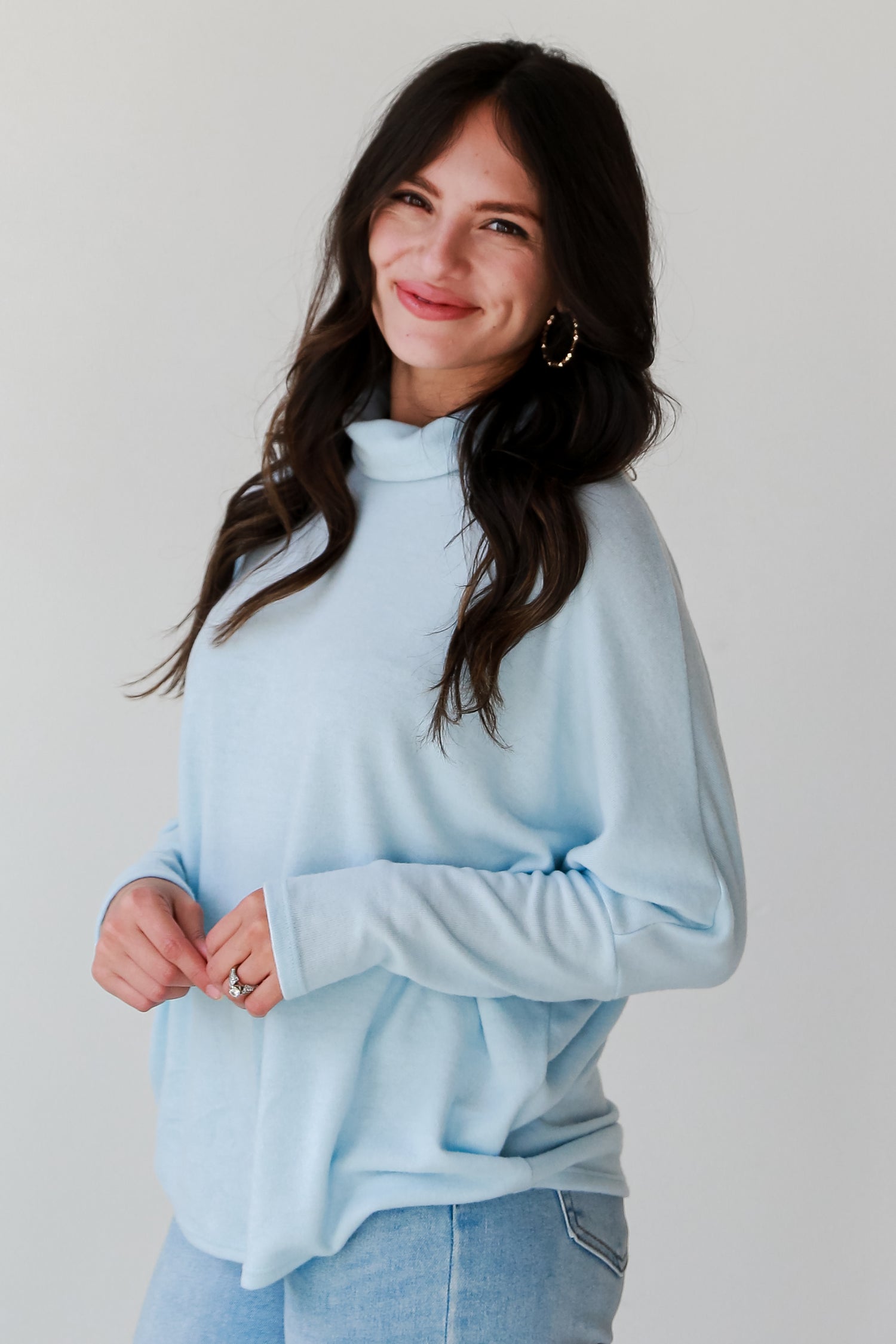 cozy Light Blue Turtleneck Brushed Knit Top