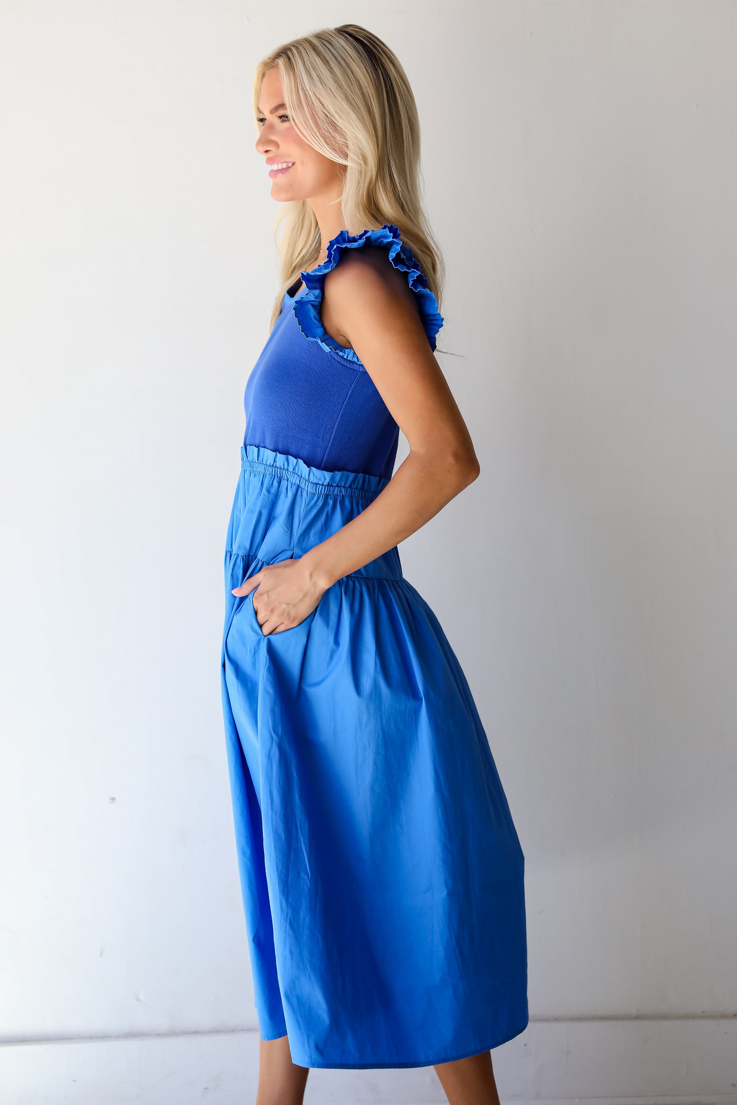 Exceedingly Dreamy Blue Contrast Ruffle Midi Dress