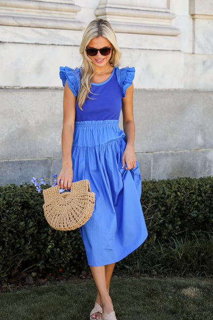 Exceedingly Dreamy Blue Contrast Ruffle Midi Dress