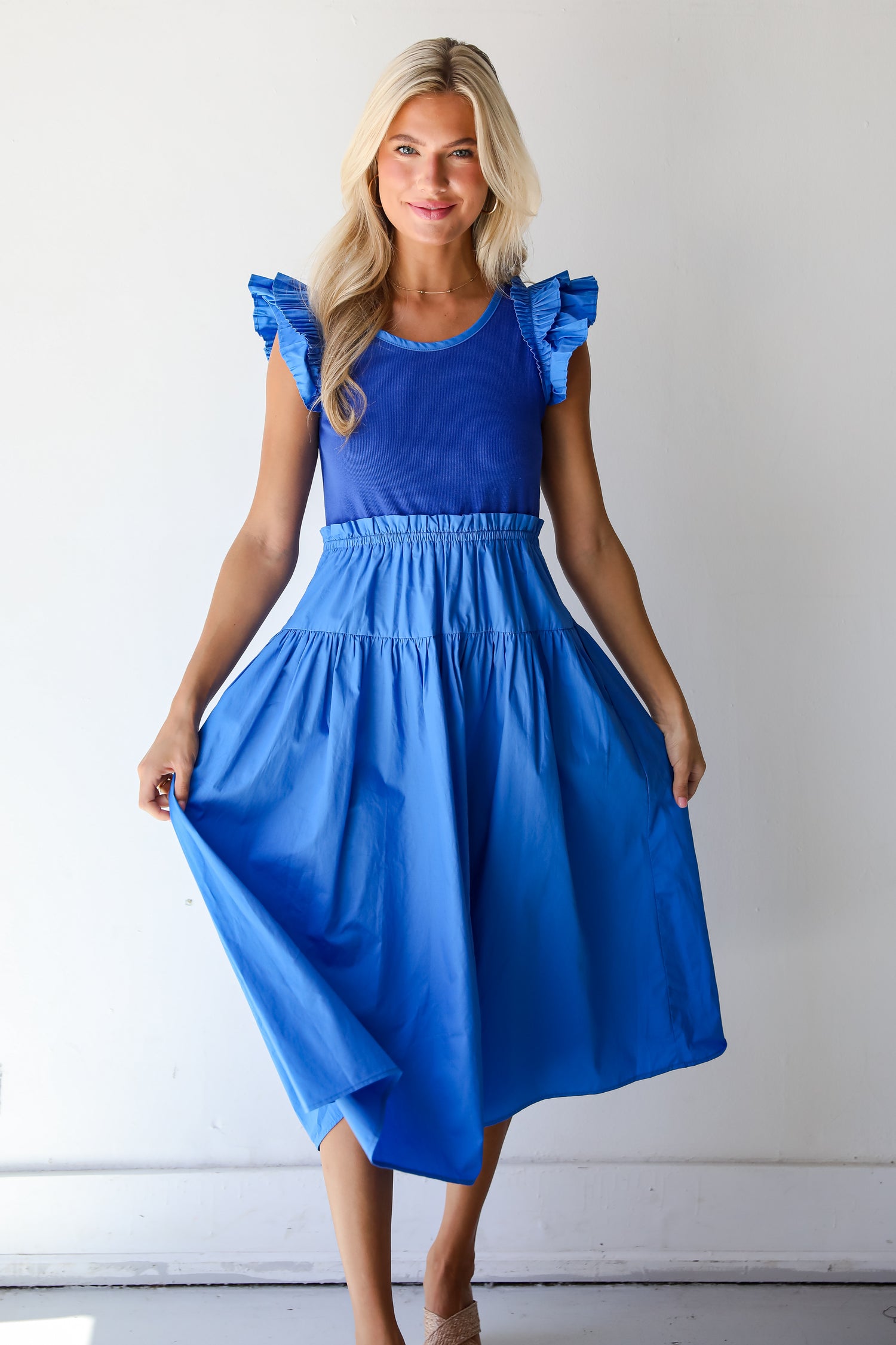 Exceedingly Dreamy Blue Contrast Ruffle Midi Dress