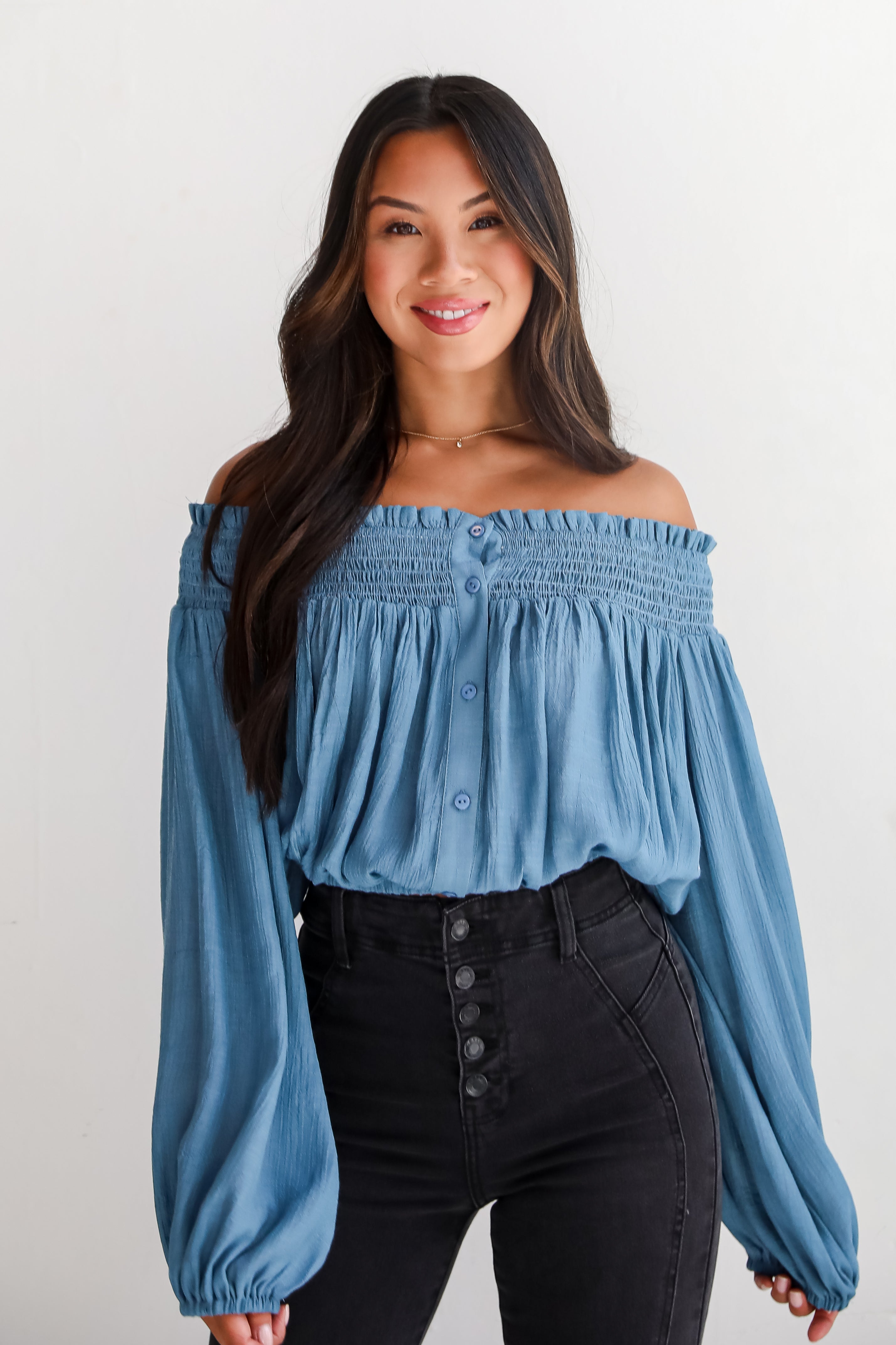 Utterly Pretty Blue Off-The-Shoulder Cropped Blouse