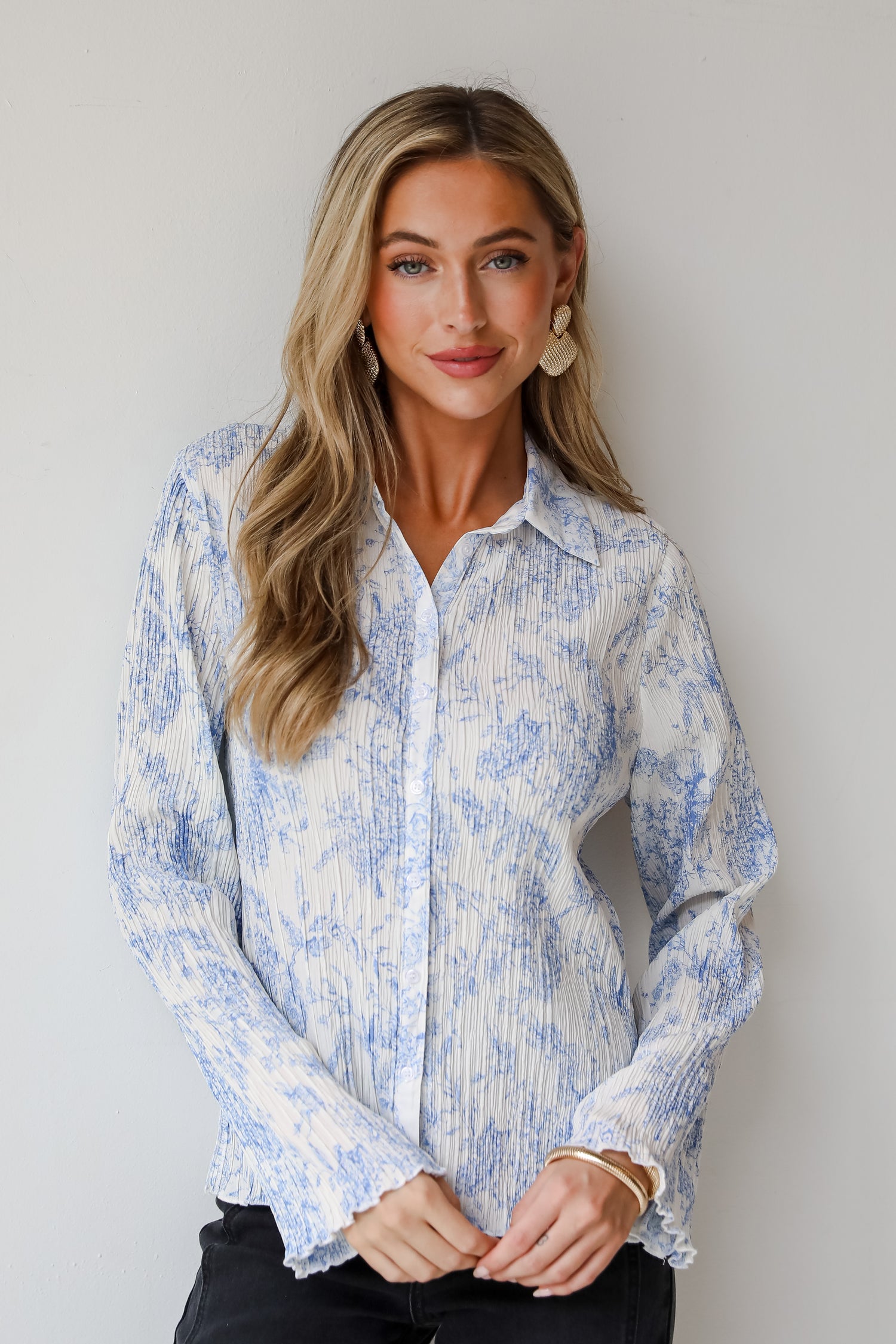 Modern Devotion Blue Floral Plisse Button-Up Blouse