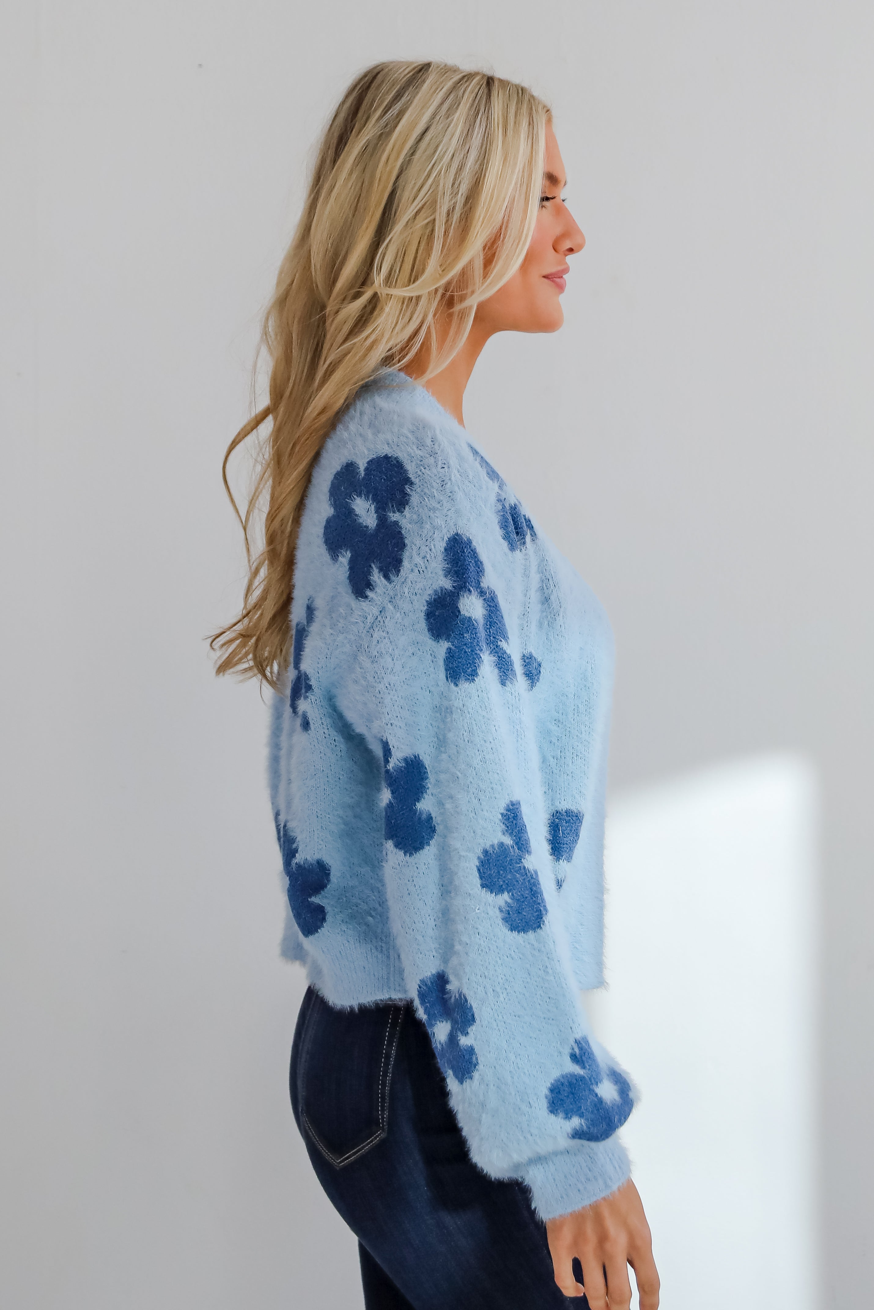 Warm Up To You Blue Floral Sweater Cardigan