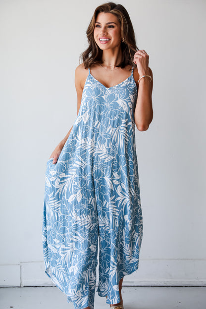 sleeveless Light Blue Floral Jumpsuit