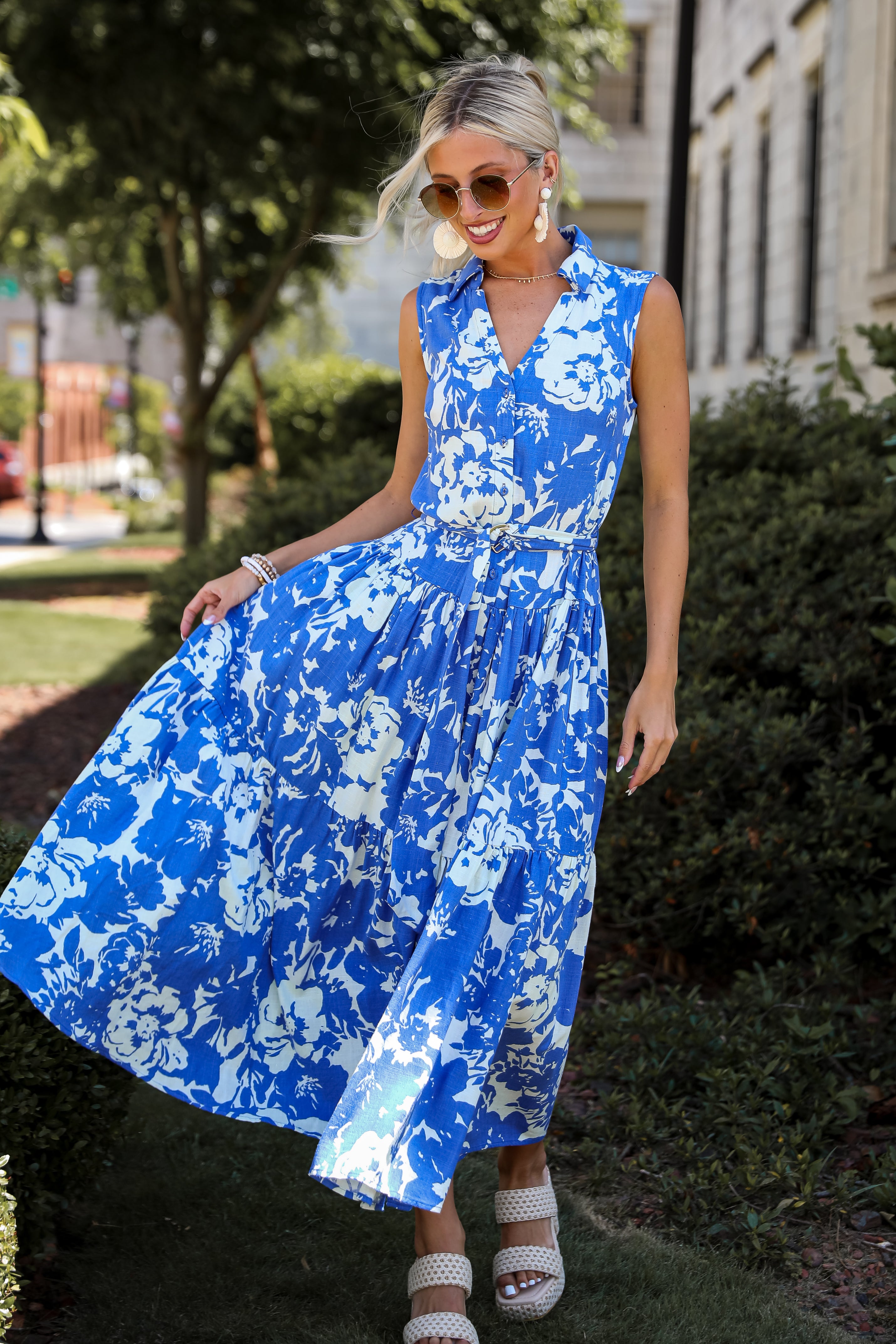 Charming Pose Royal Blue Floral Linen Maxi Dress