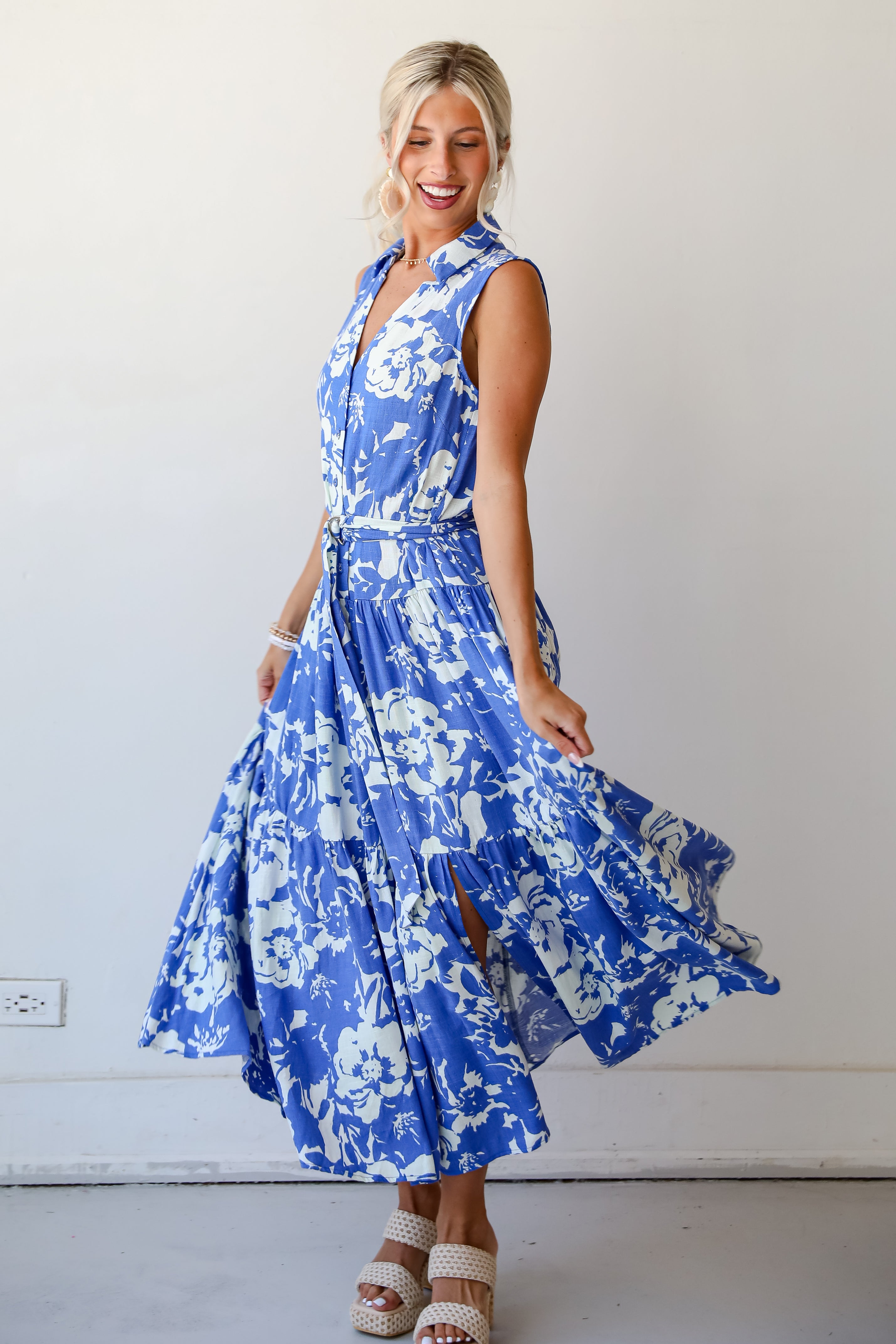 Charming Pose Royal Blue Floral Linen Maxi Dress