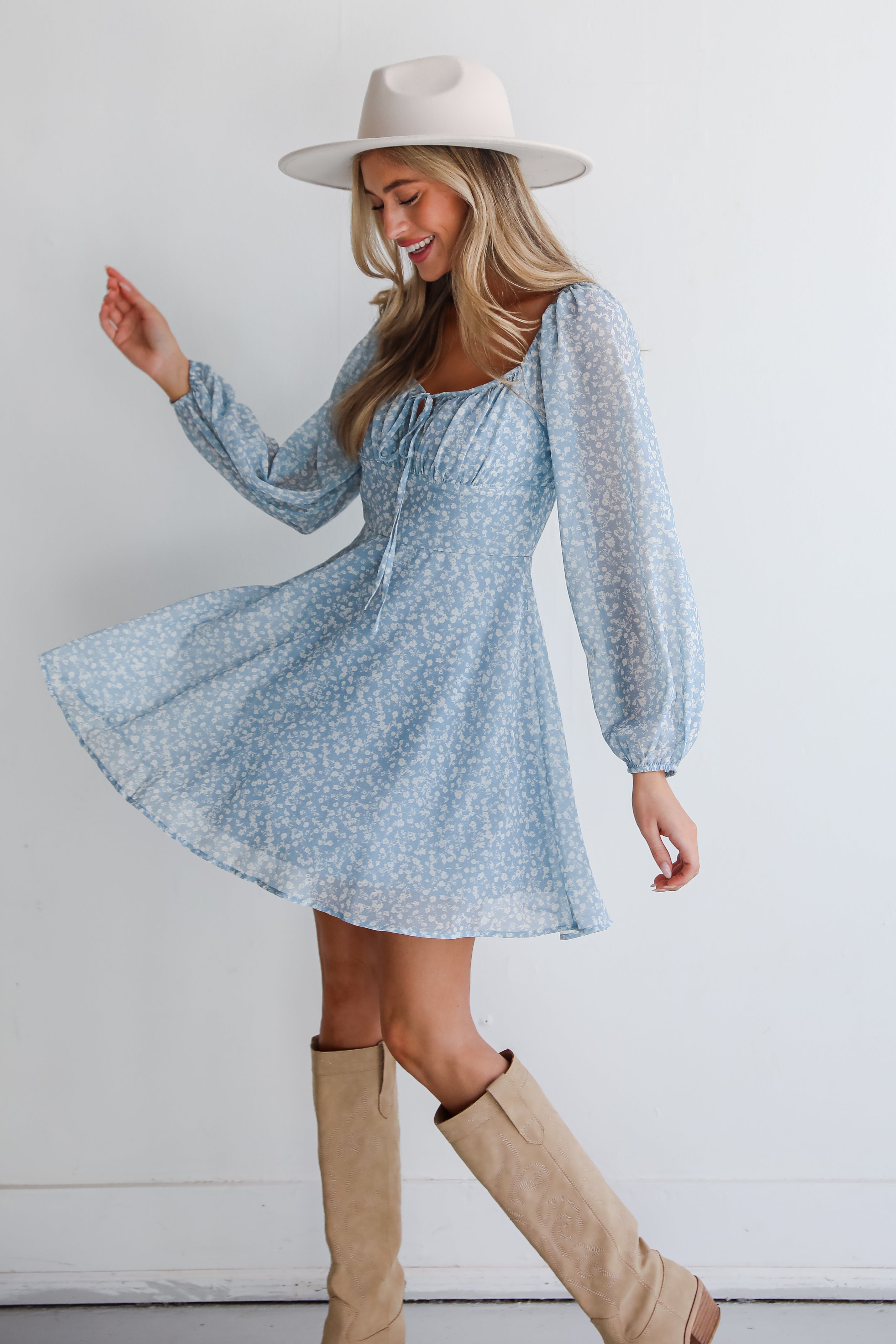 Passionate Aura Dusty Blue Floral Mini Dress