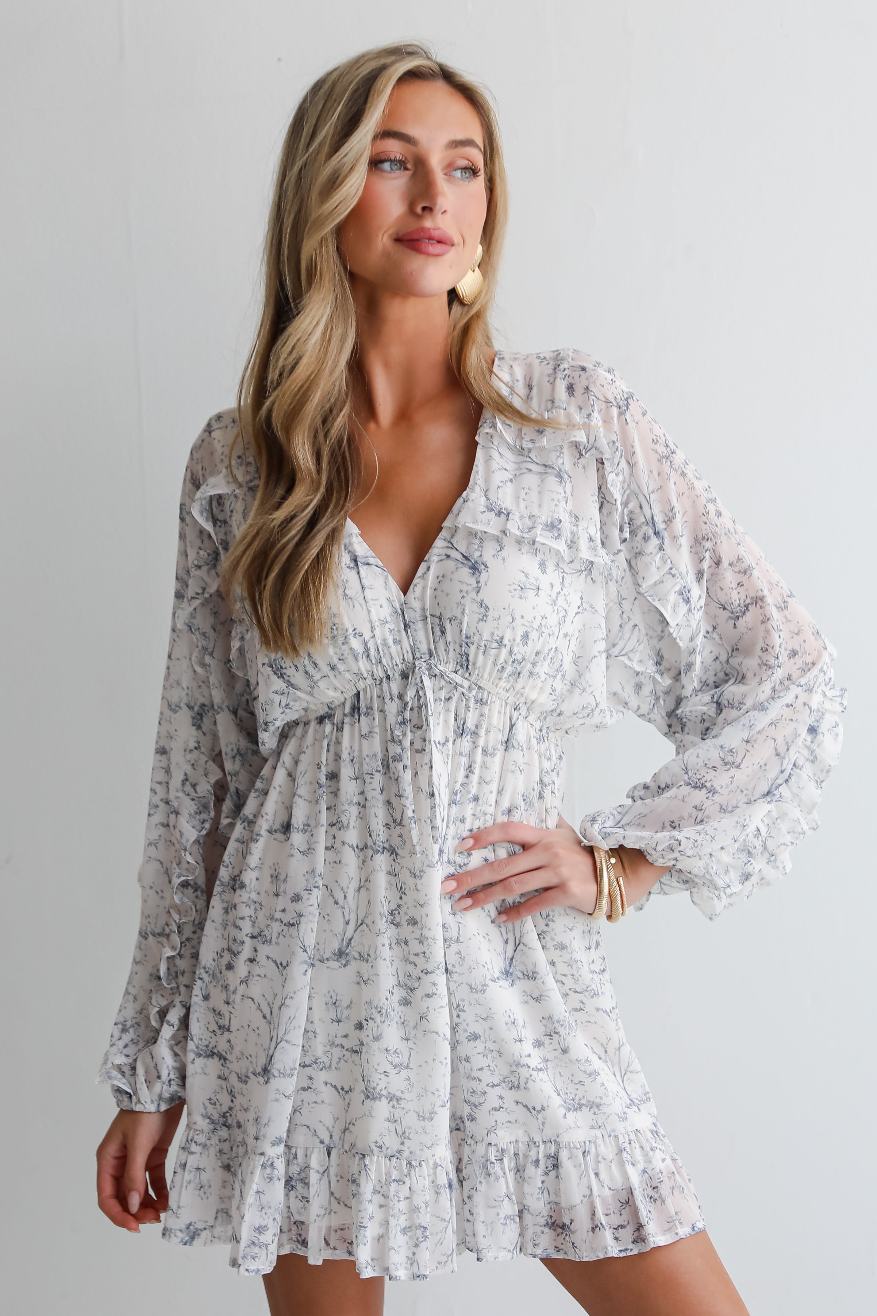 Blissful Blossoms Ivory Floral Ruffle Mini Dress