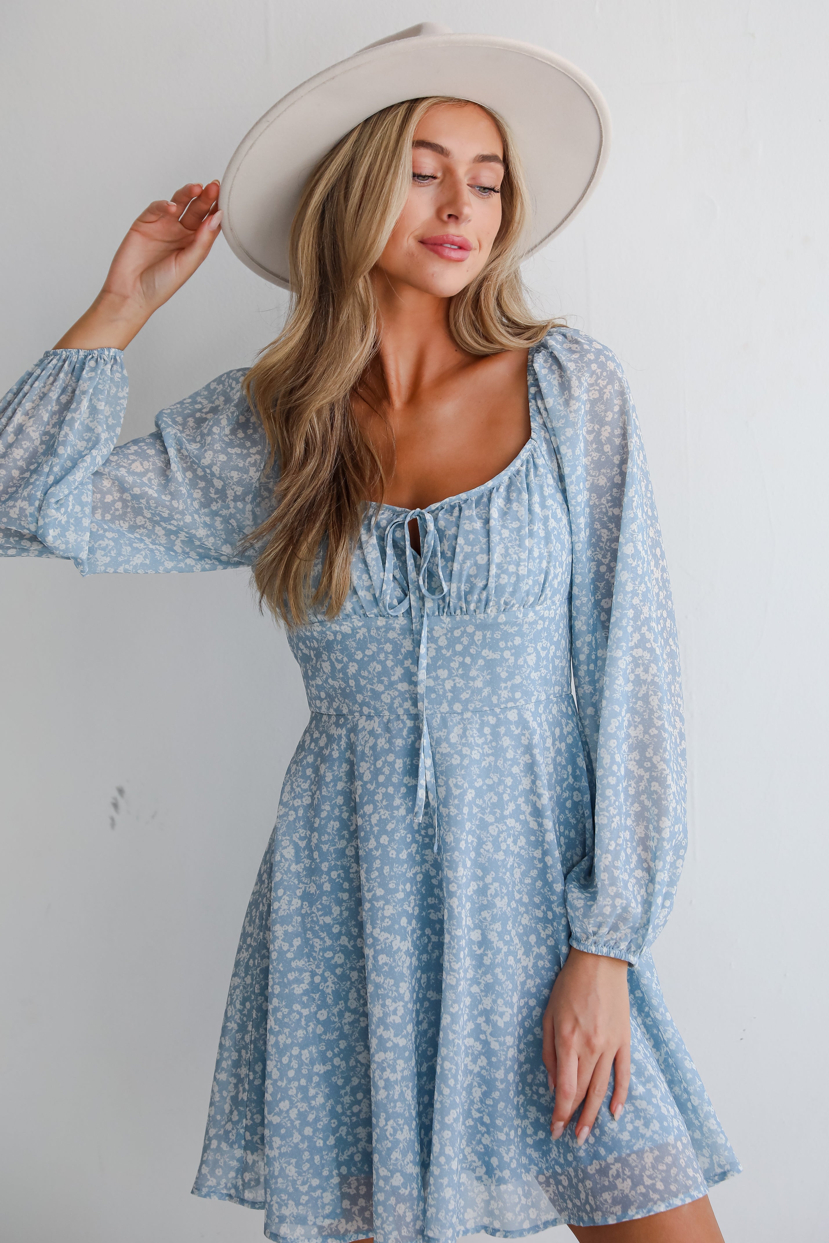 Passionate Aura Dusty Blue Floral Mini Dress