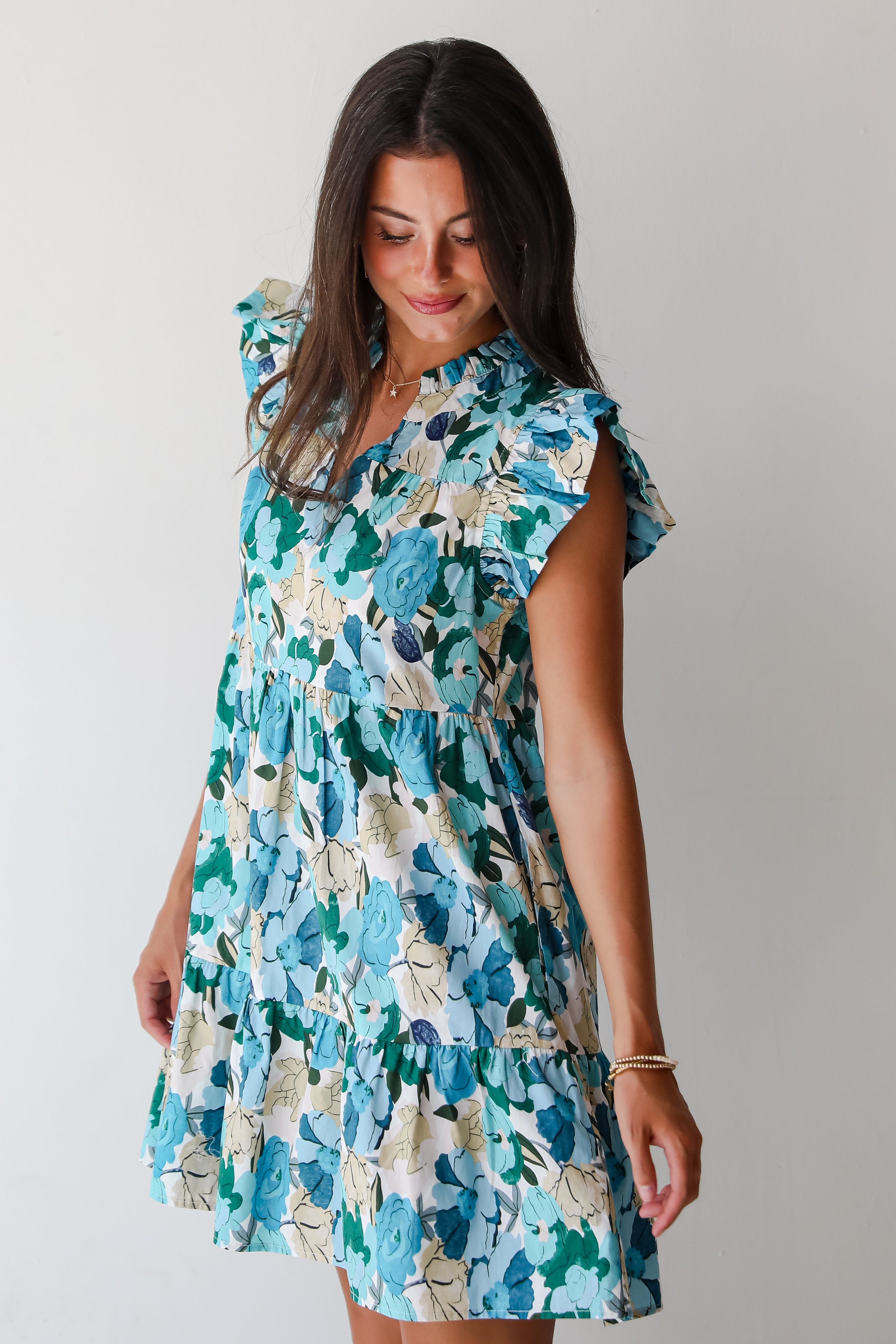 Flourishing Confidence Blue Floral Tiered Mini Dress