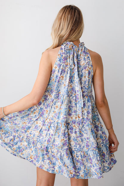 cute Blue Floral Tiered Mini Dress