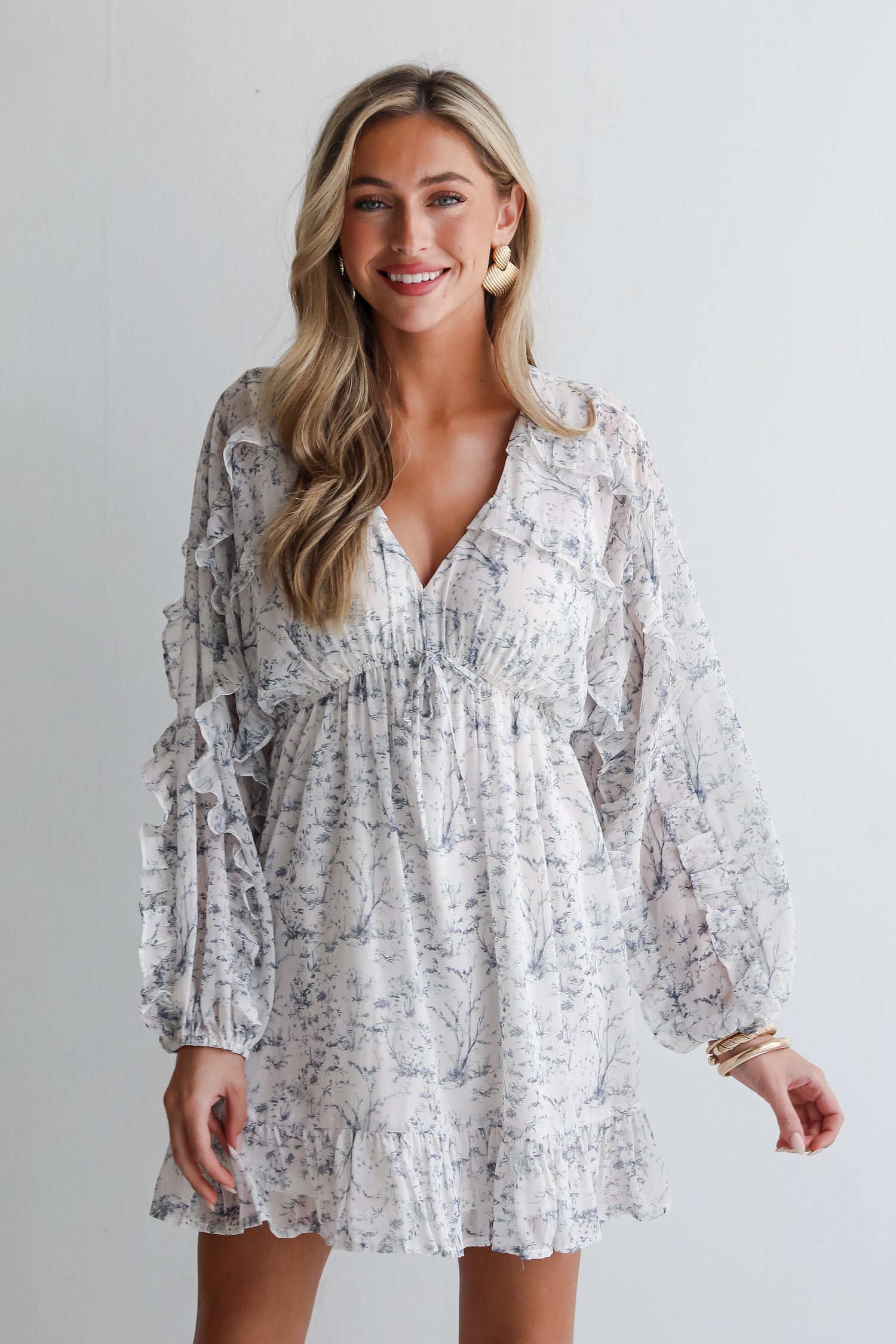 Blissful Blossoms Ivory Floral Ruffle Mini Dress