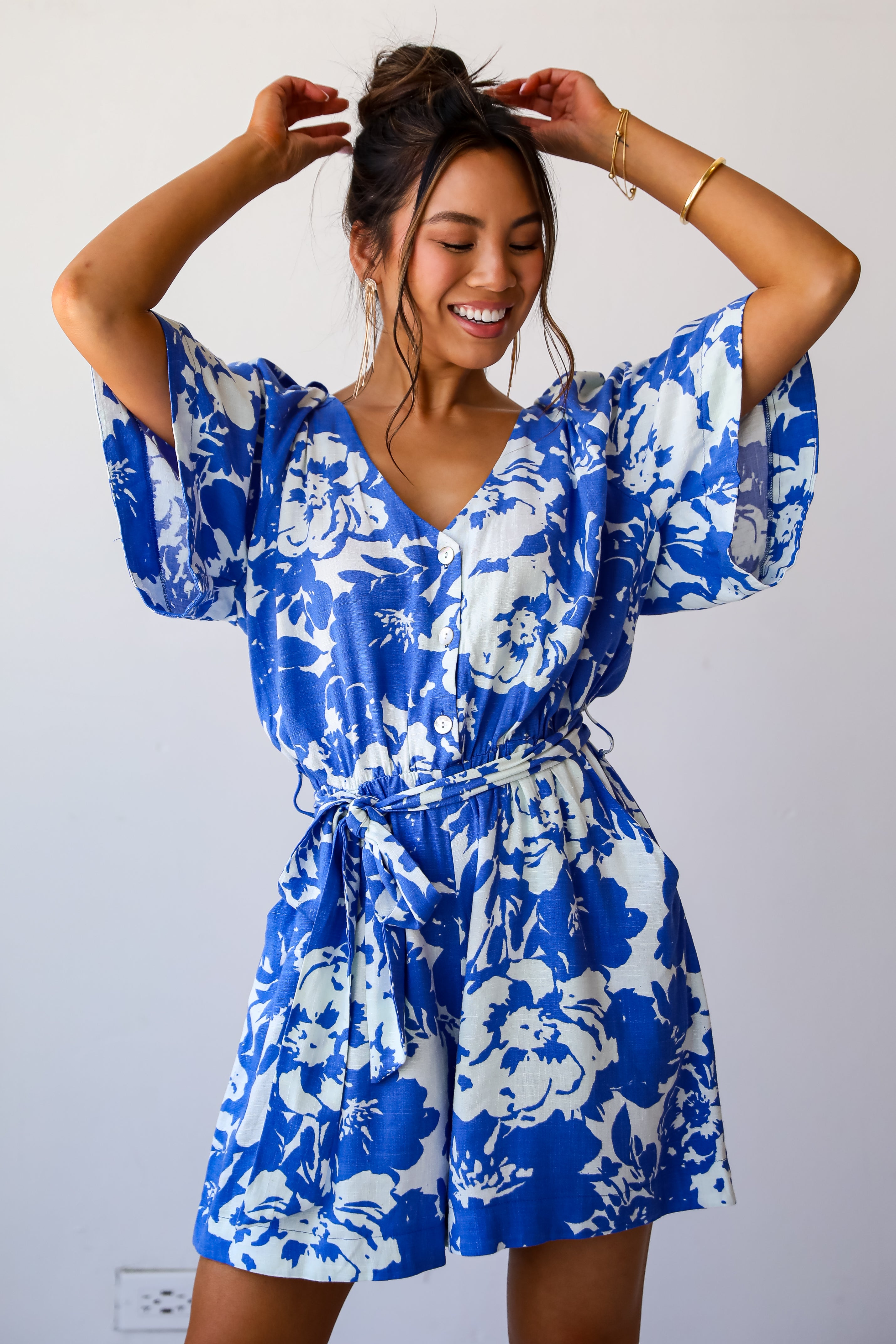 Charming Pose Royal Blue Floral Linen Romper