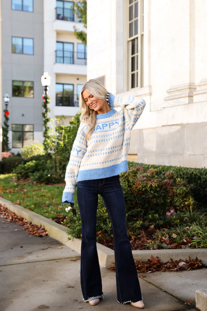 Blue Striped Happy Sweater