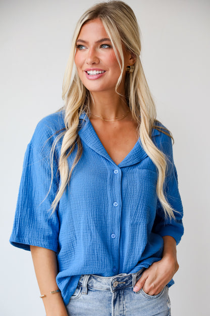 Stylish Ease Blue Linen Blouse