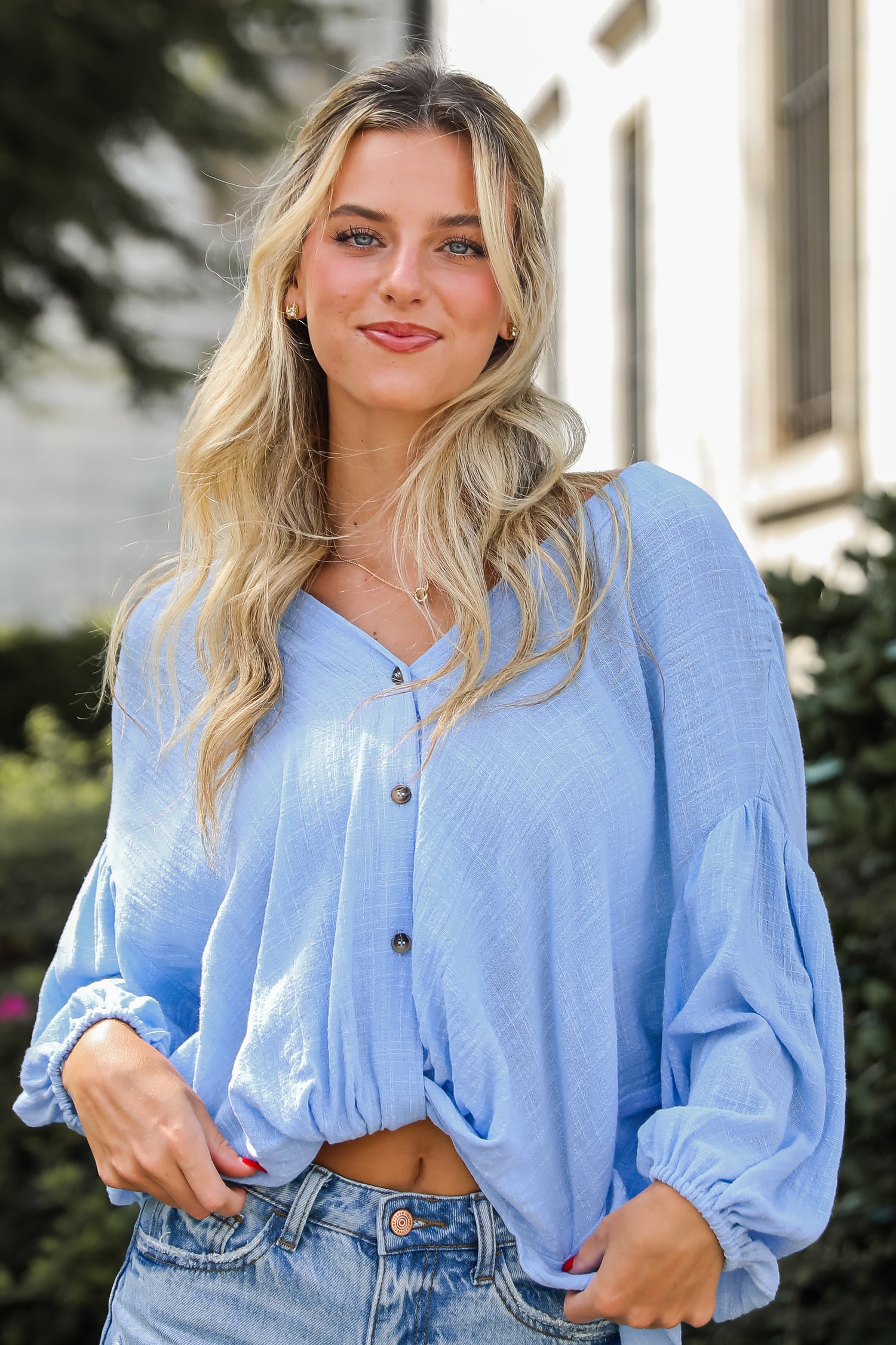 Sleek Dedication Light Blue Linen Blouse